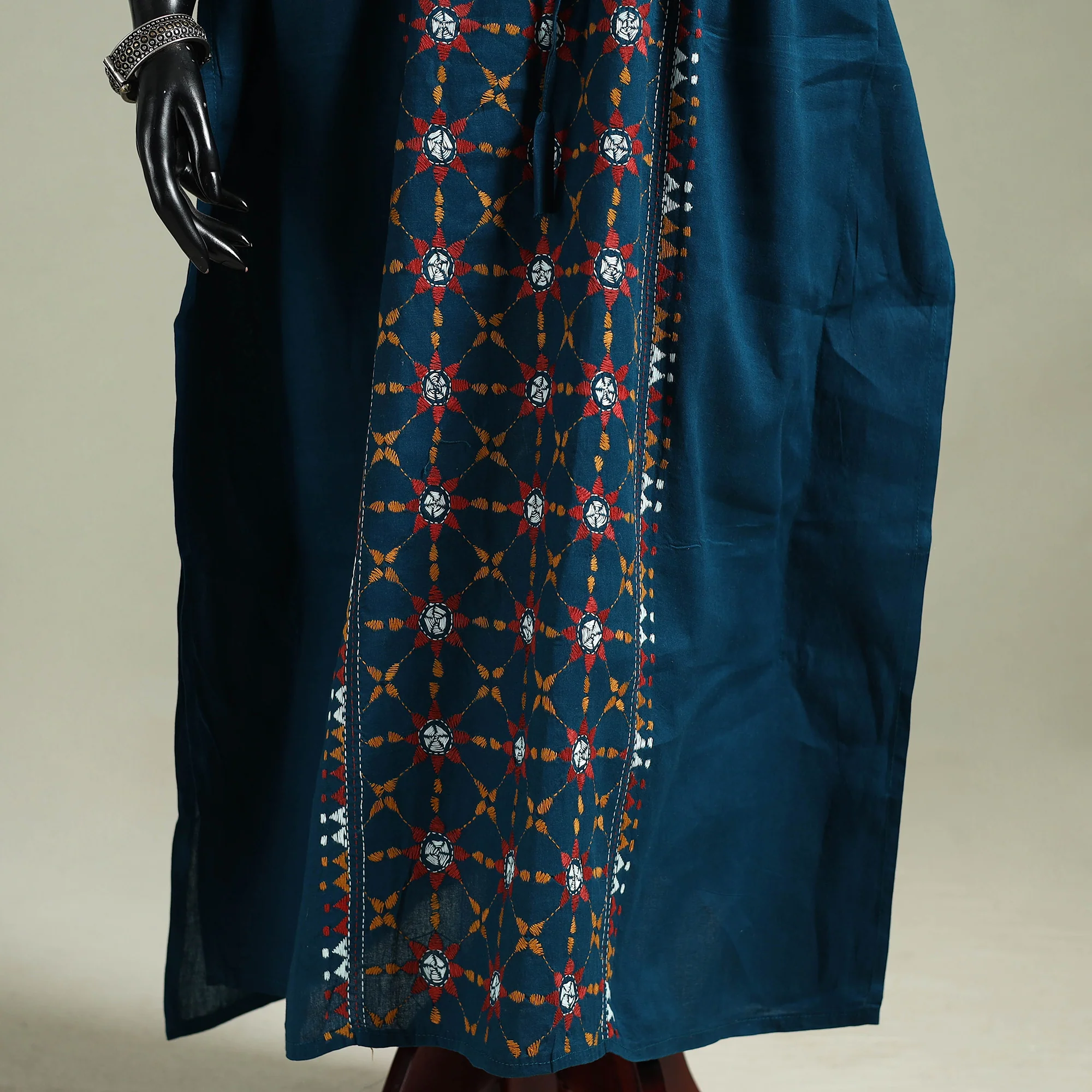 Blue - Bengal Kantha Hand Embroidery Cotton Long Kaftan 03 - Image 4