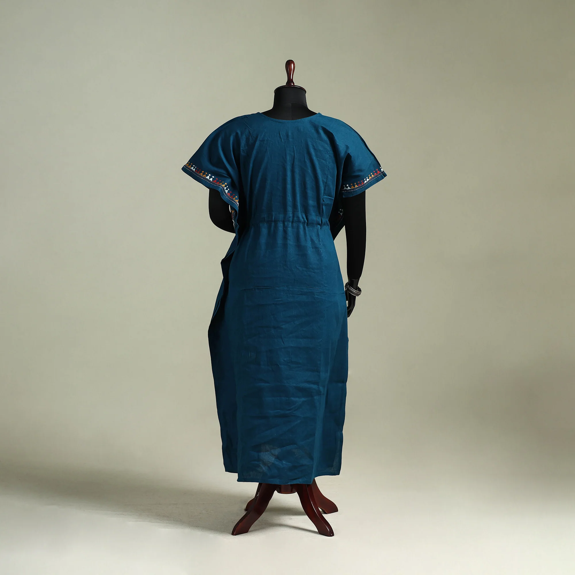 Blue - Bengal Kantha Hand Embroidery Cotton Long Kaftan 03 - Image 5