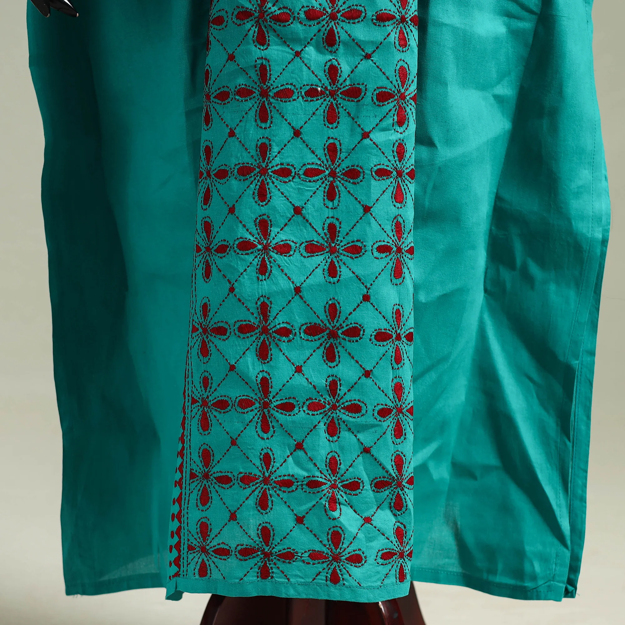 Green - Bengal Kantha Hand Embroidery Cotton Long Kaftan 05 - Image 4