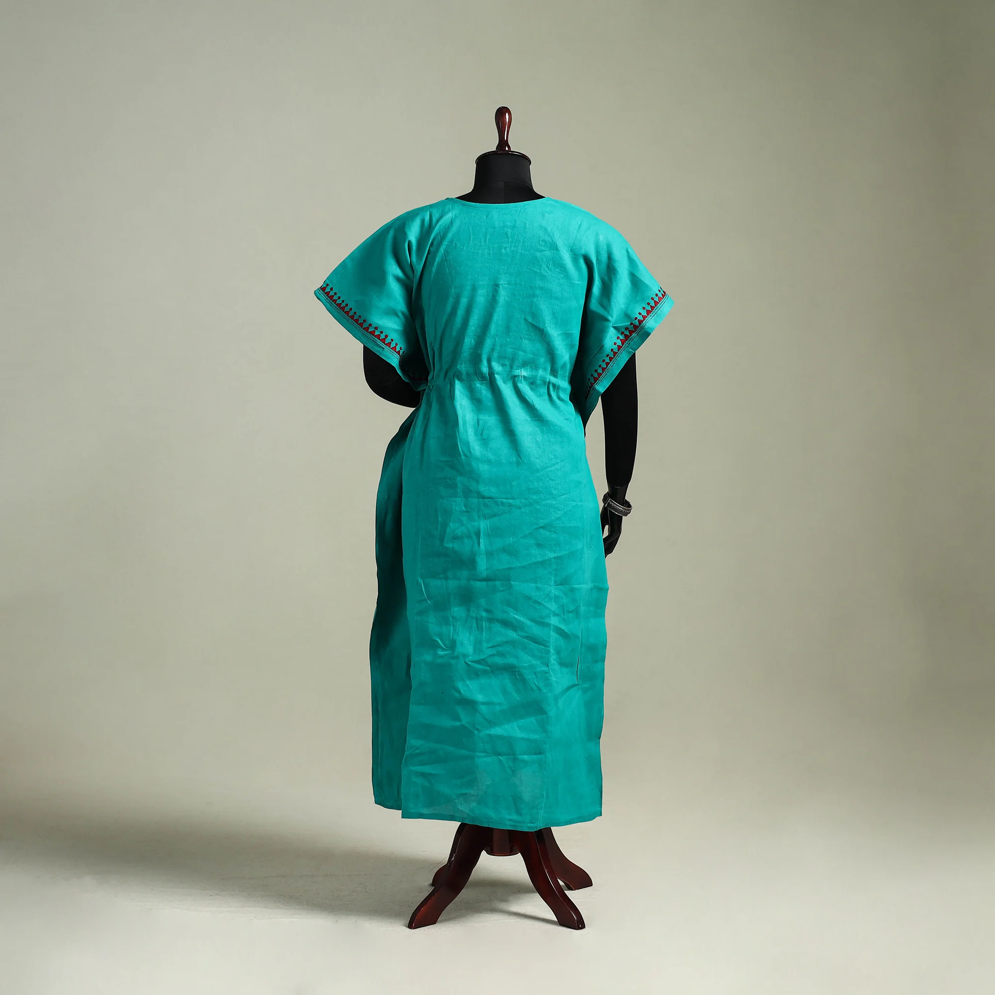 Green - Bengal Kantha Hand Embroidery Cotton Long Kaftan 05 - Image 5
