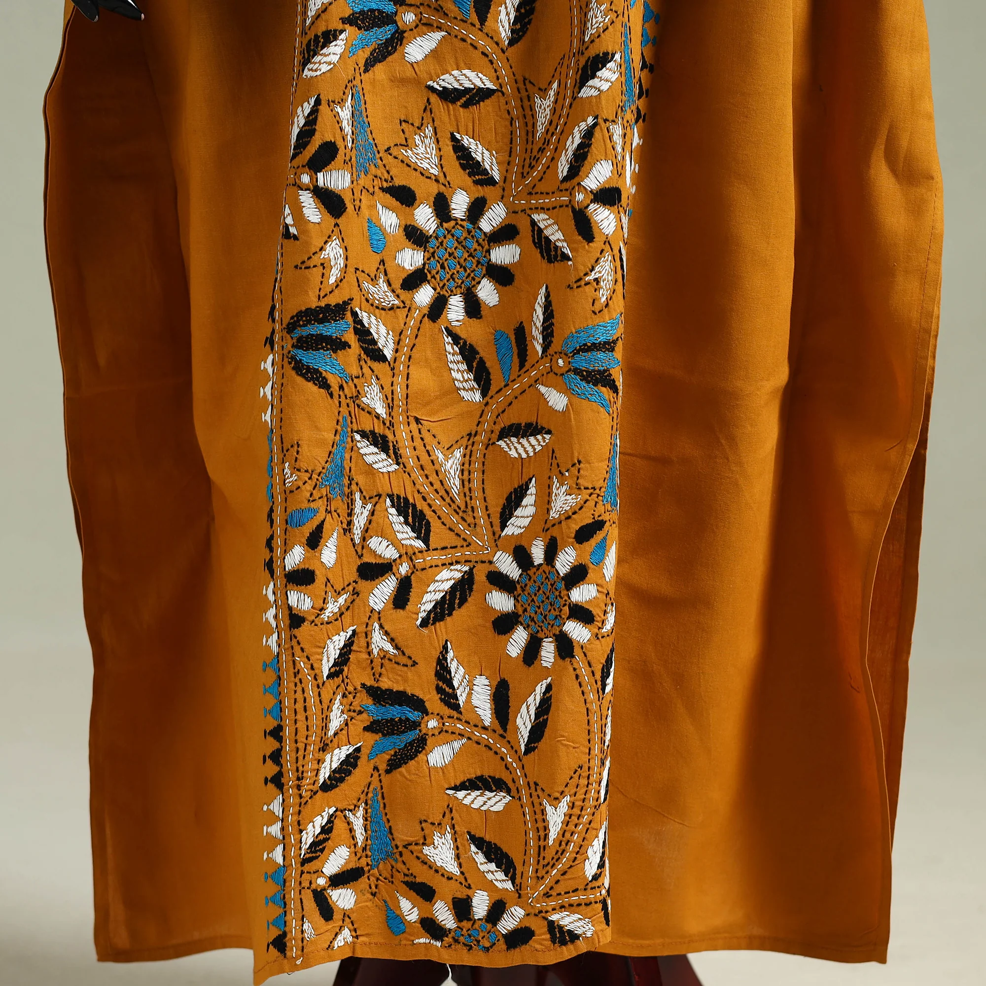 Yellow - Bengal Kantha Hand Embroidery Cotton Long Kaftan 06 - Image 4