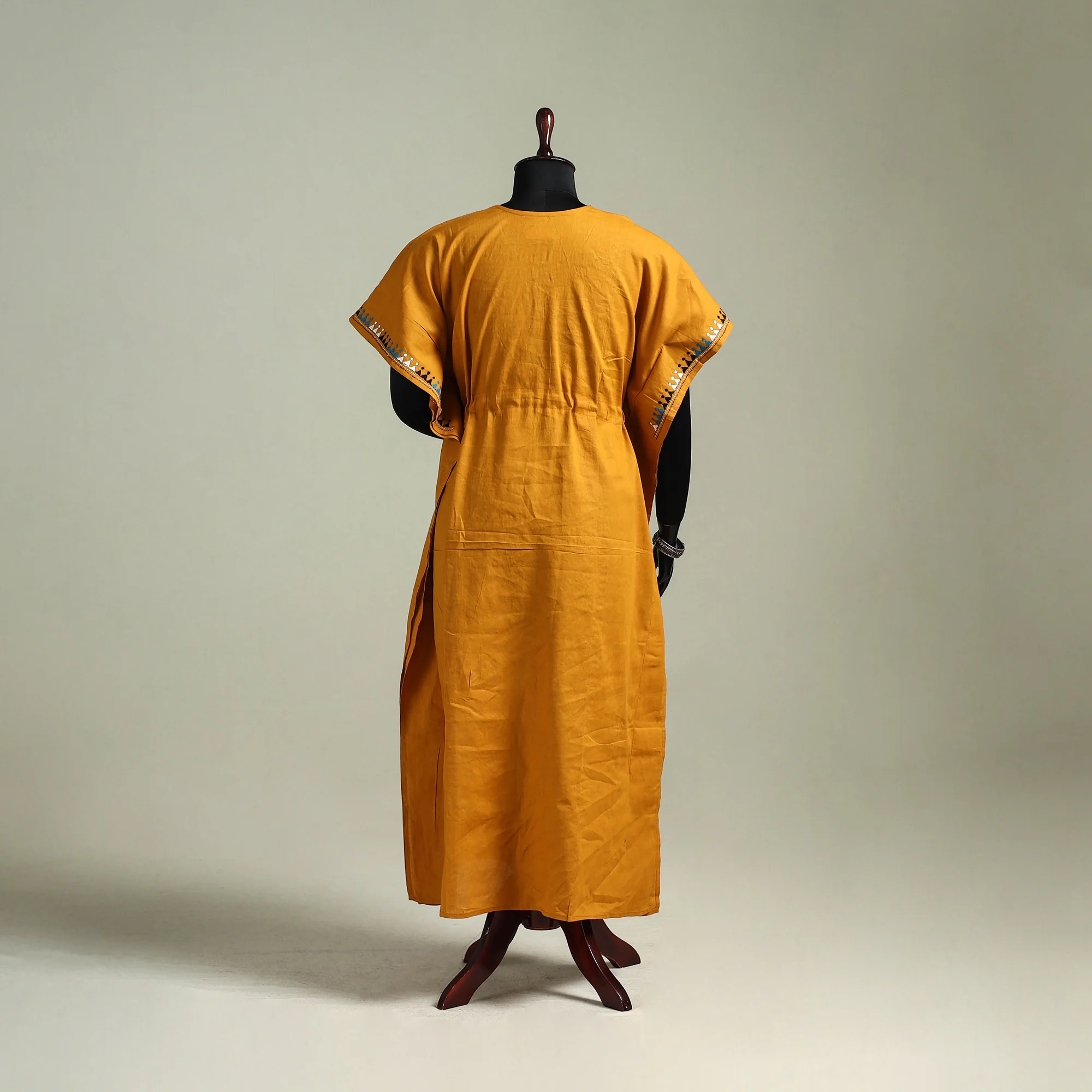 Yellow - Bengal Kantha Hand Embroidery Cotton Long Kaftan 06 - Image 5