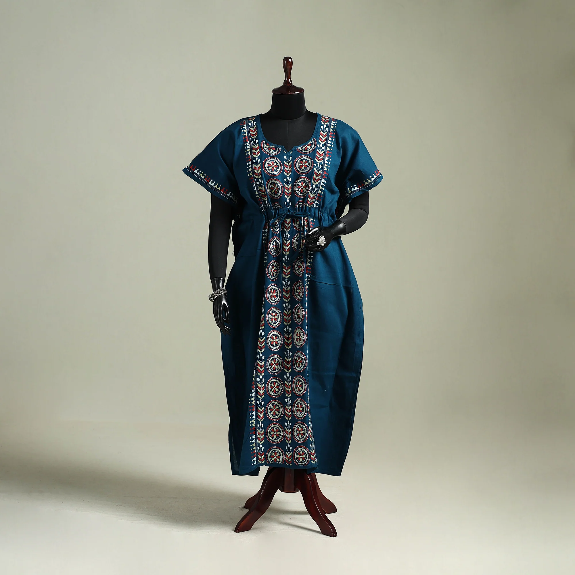 Blue - Bengal Kantha Hand Embroidery Cotton Long Kaftan 07