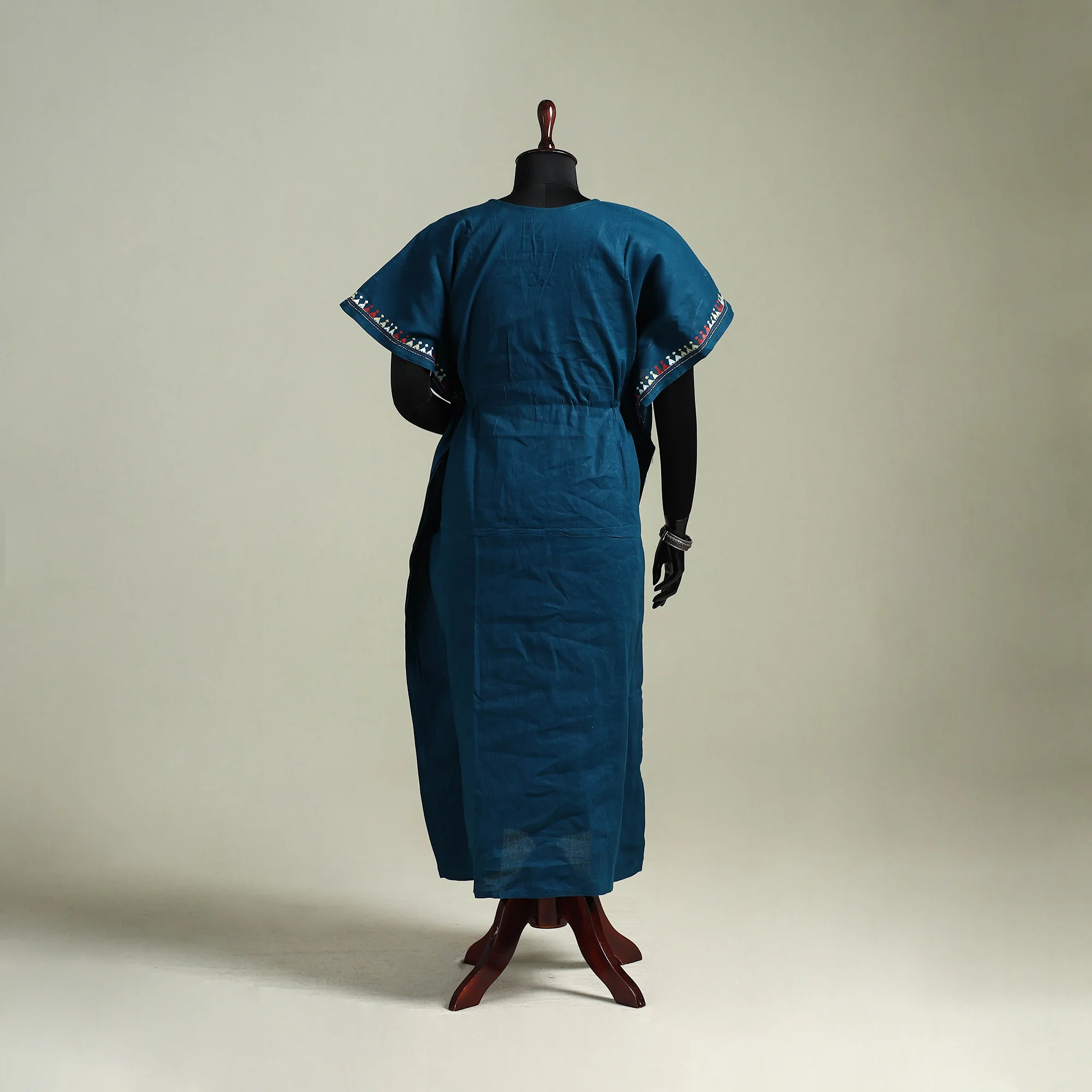Blue - Bengal Kantha Hand Embroidery Cotton Long Kaftan 07 - Image 5
