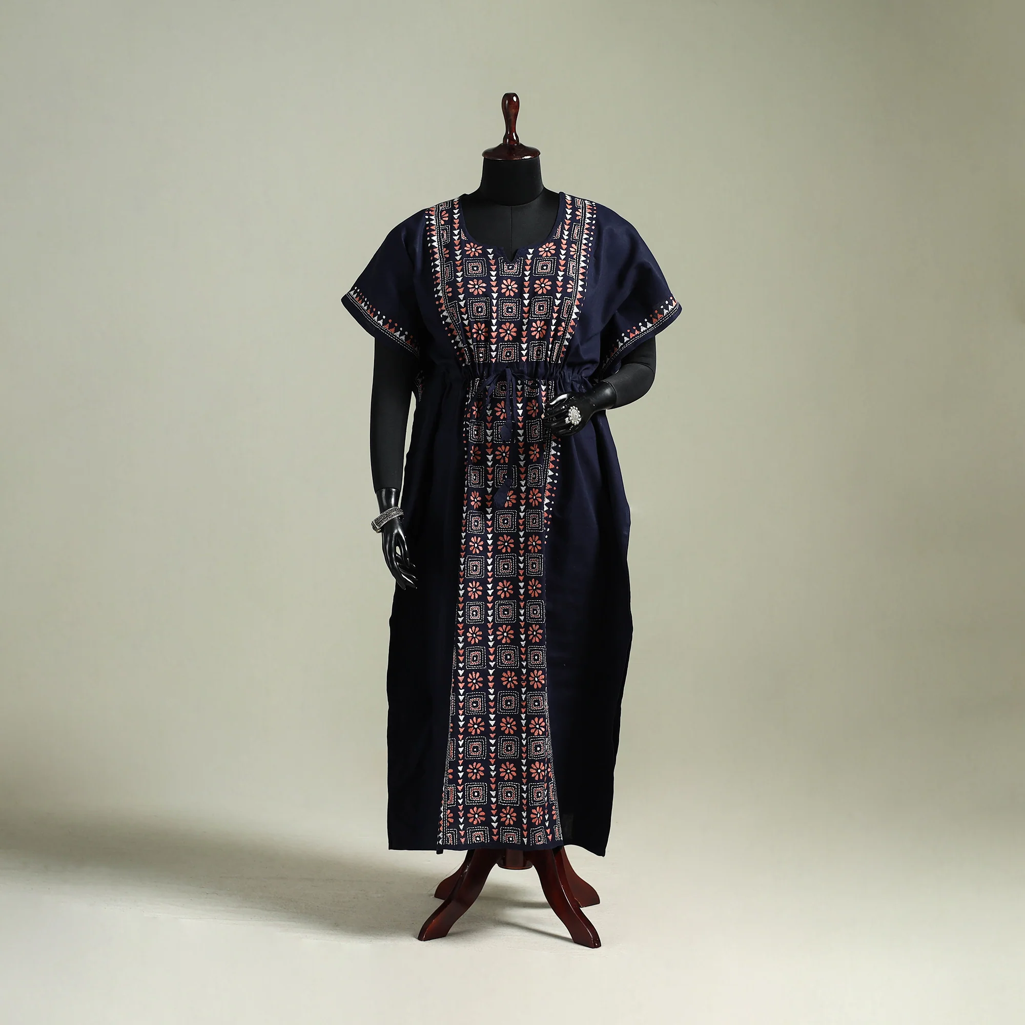 Black - Bengal Kantha Hand Embroidery Cotton Long Kaftan 08