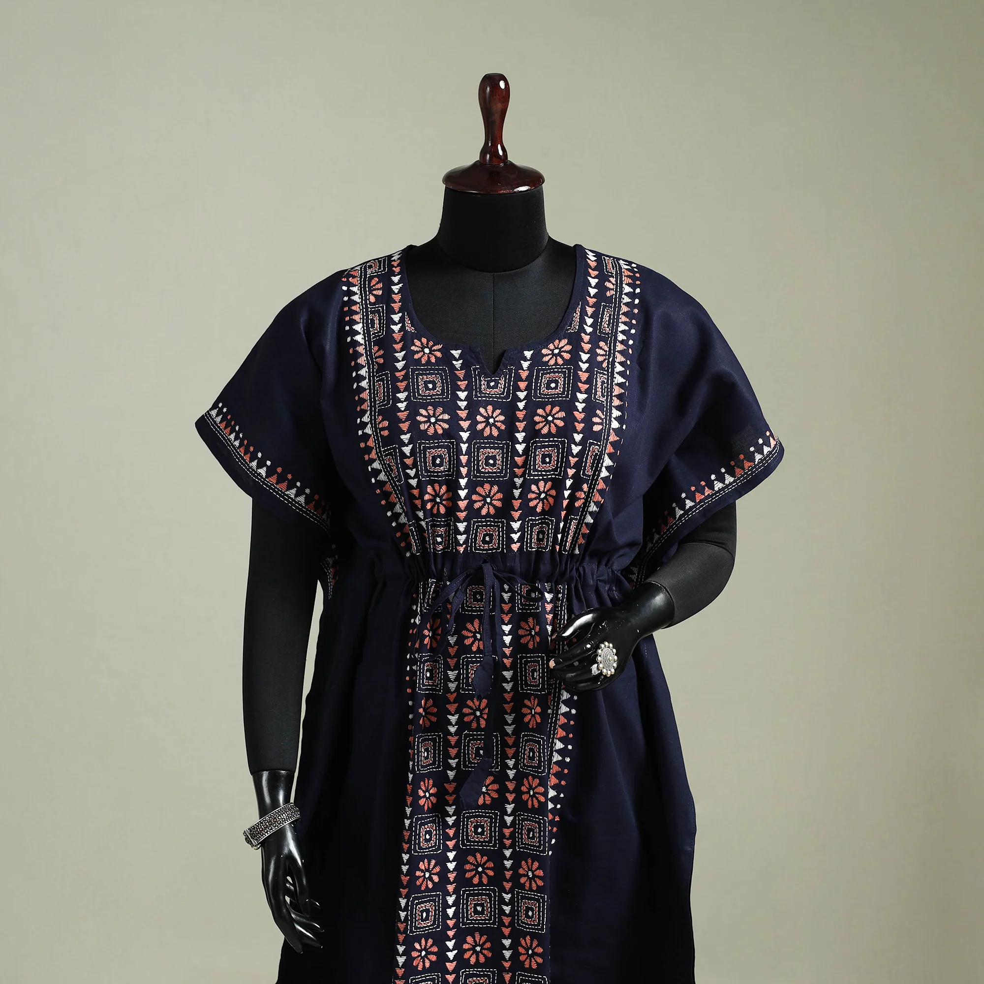 Black - Bengal Kantha Hand Embroidery Cotton Long Kaftan 08 - Image 2