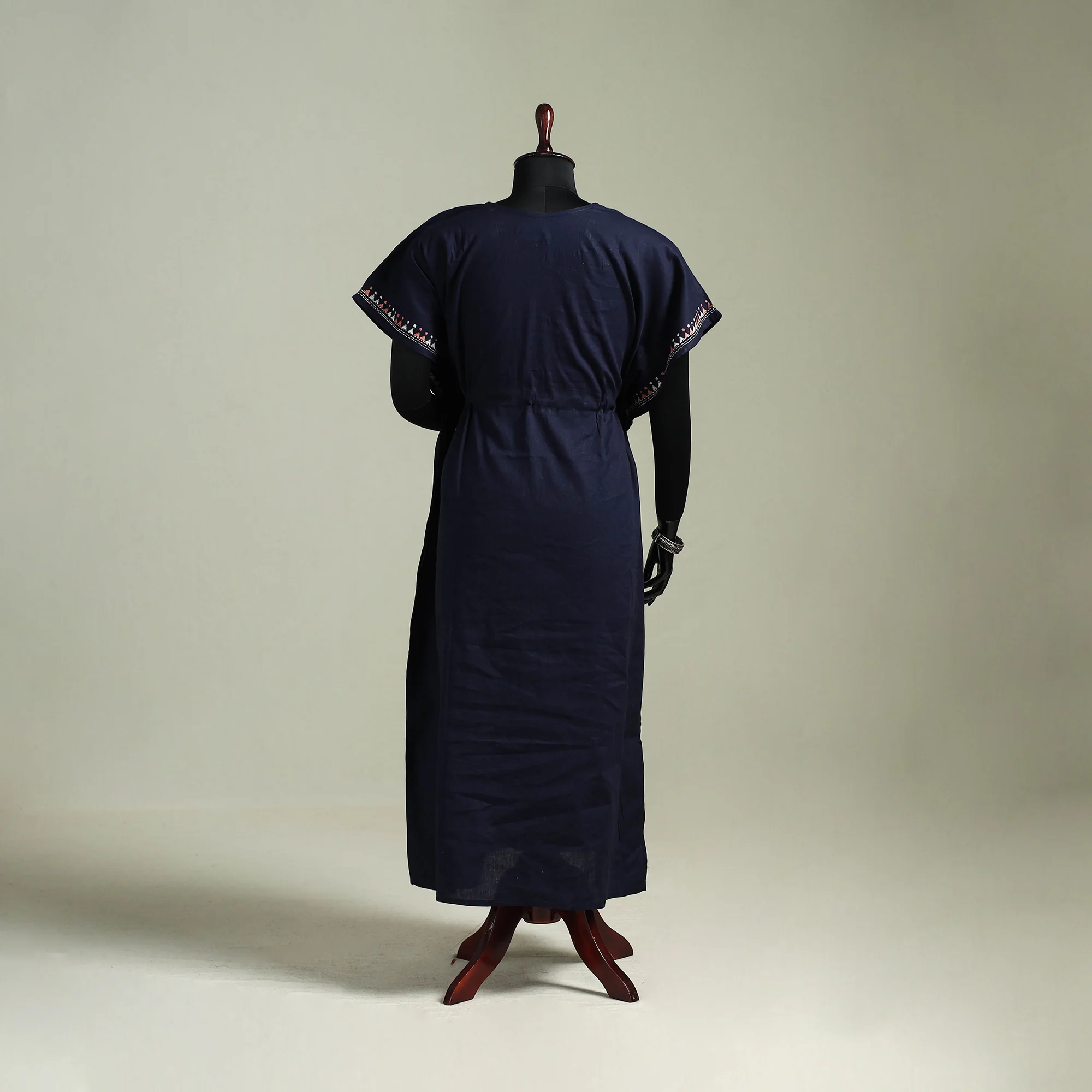 Black - Bengal Kantha Hand Embroidery Cotton Long Kaftan 08 - Image 5