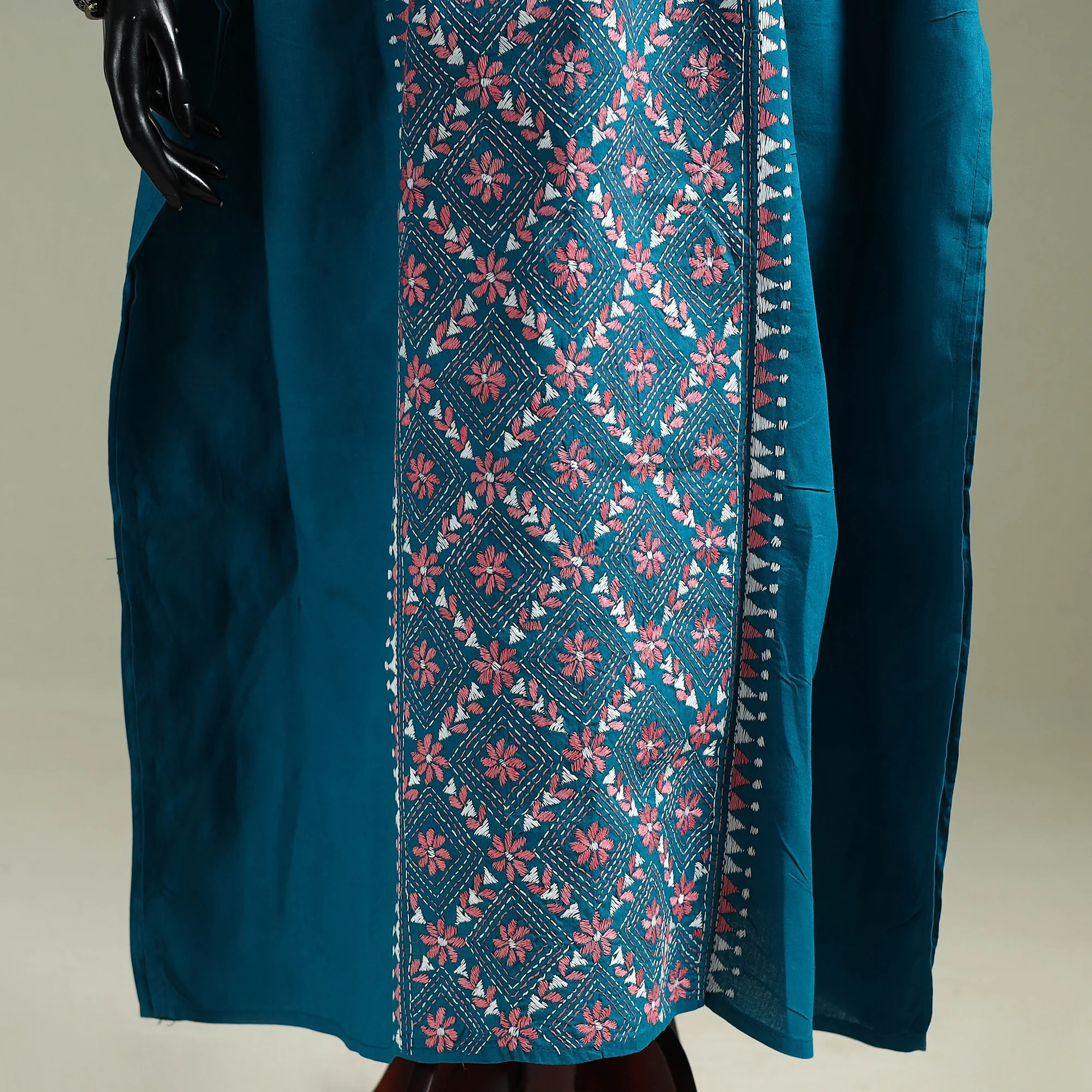 Blue - Bengal Kantha Hand Embroidery Cotton Long Kaftan 29 - Image 4