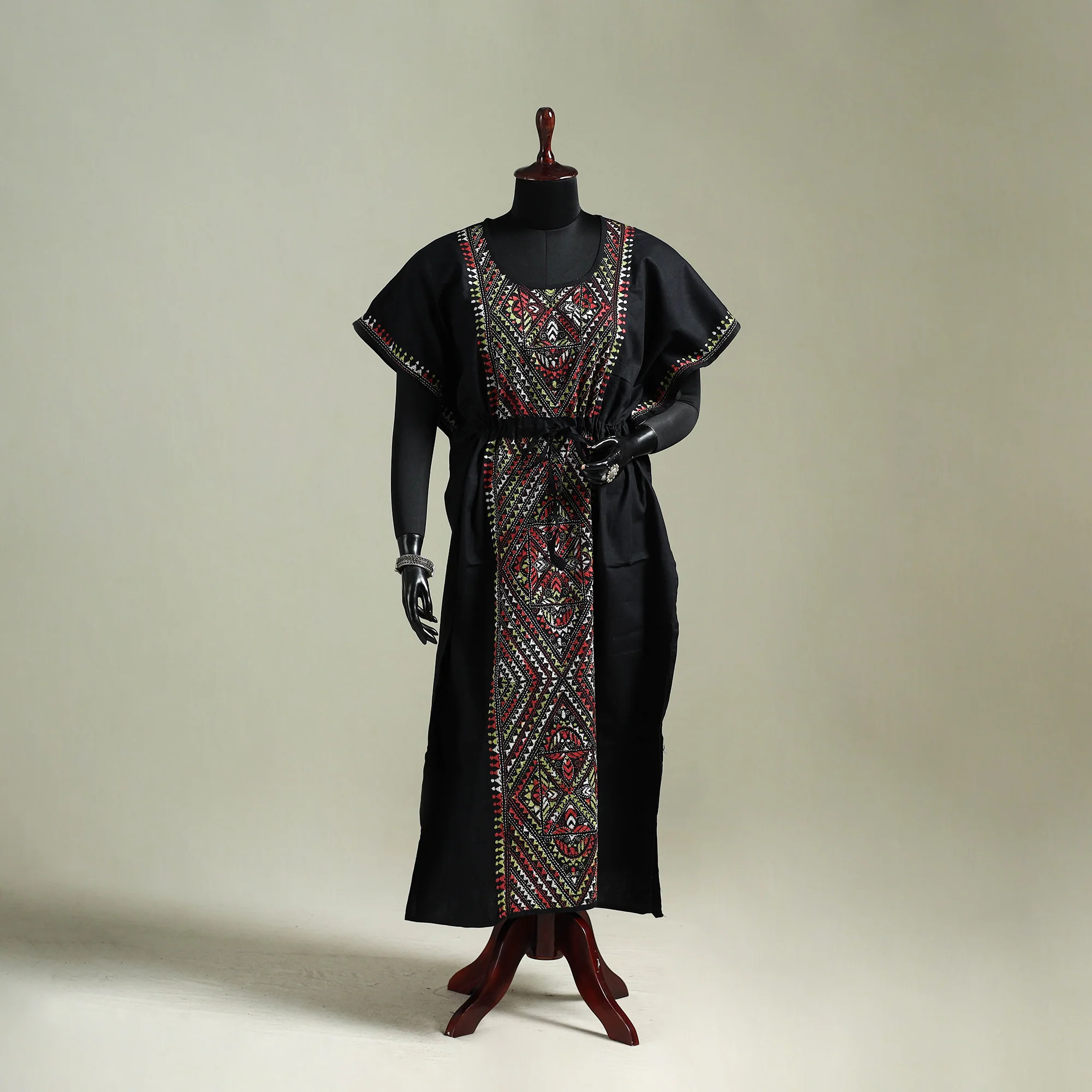 Black - Bengal Kantha Hand Embroidery Cotton Long Kaftan 30