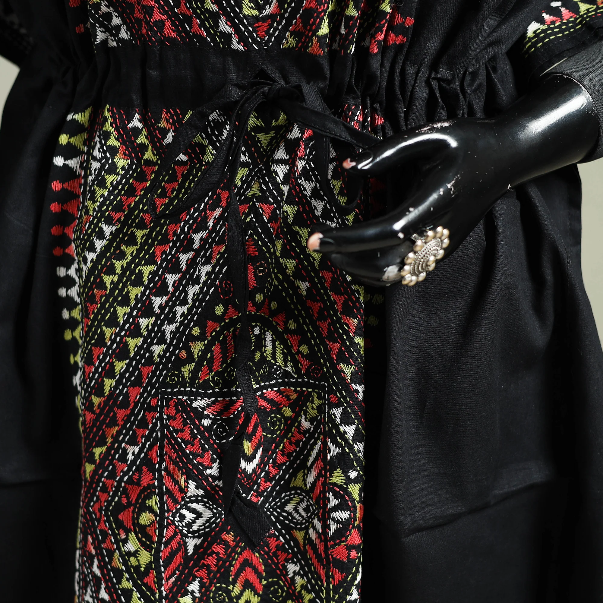 Black - Bengal Kantha Hand Embroidery Cotton Long Kaftan 30 - Image 3