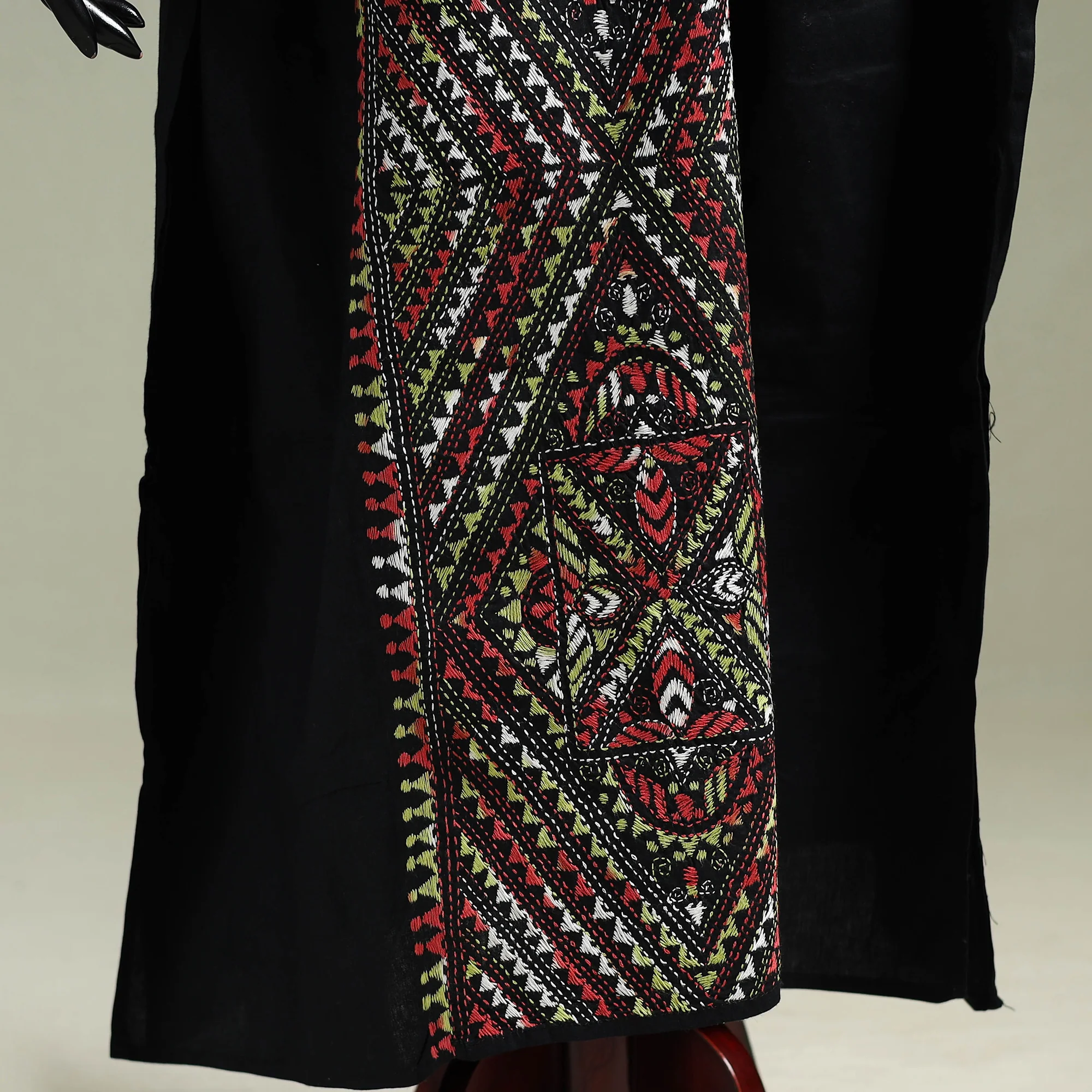 Black - Bengal Kantha Hand Embroidery Cotton Long Kaftan 30 - Image 4