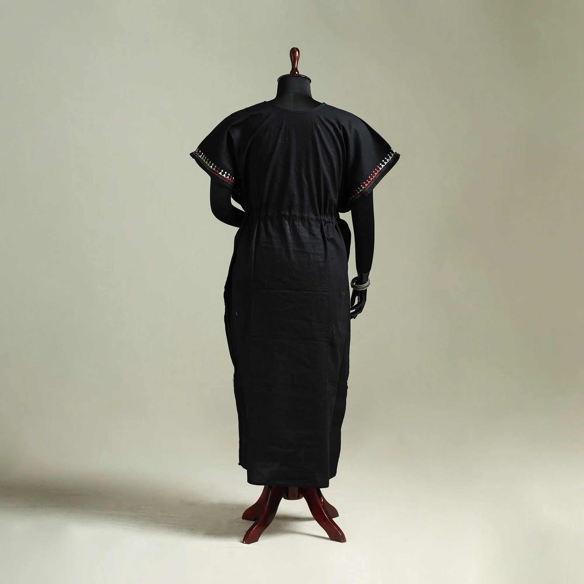 Black - Bengal Kantha Hand Embroidery Cotton Long Kaftan 30 - Image 5