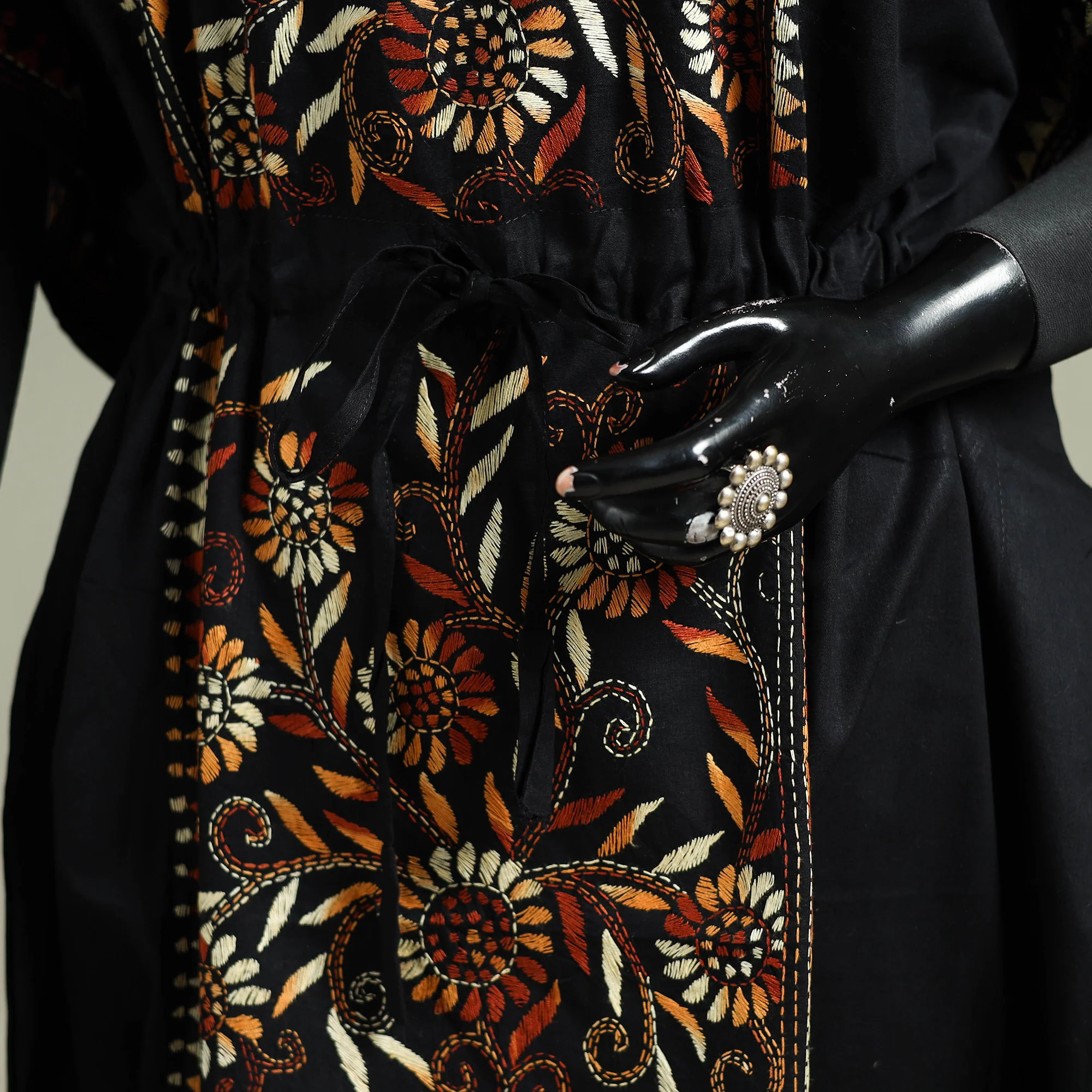 Black - Bengal Kantha Hand Embroidery Cotton Long Kaftan 33 - Image 3