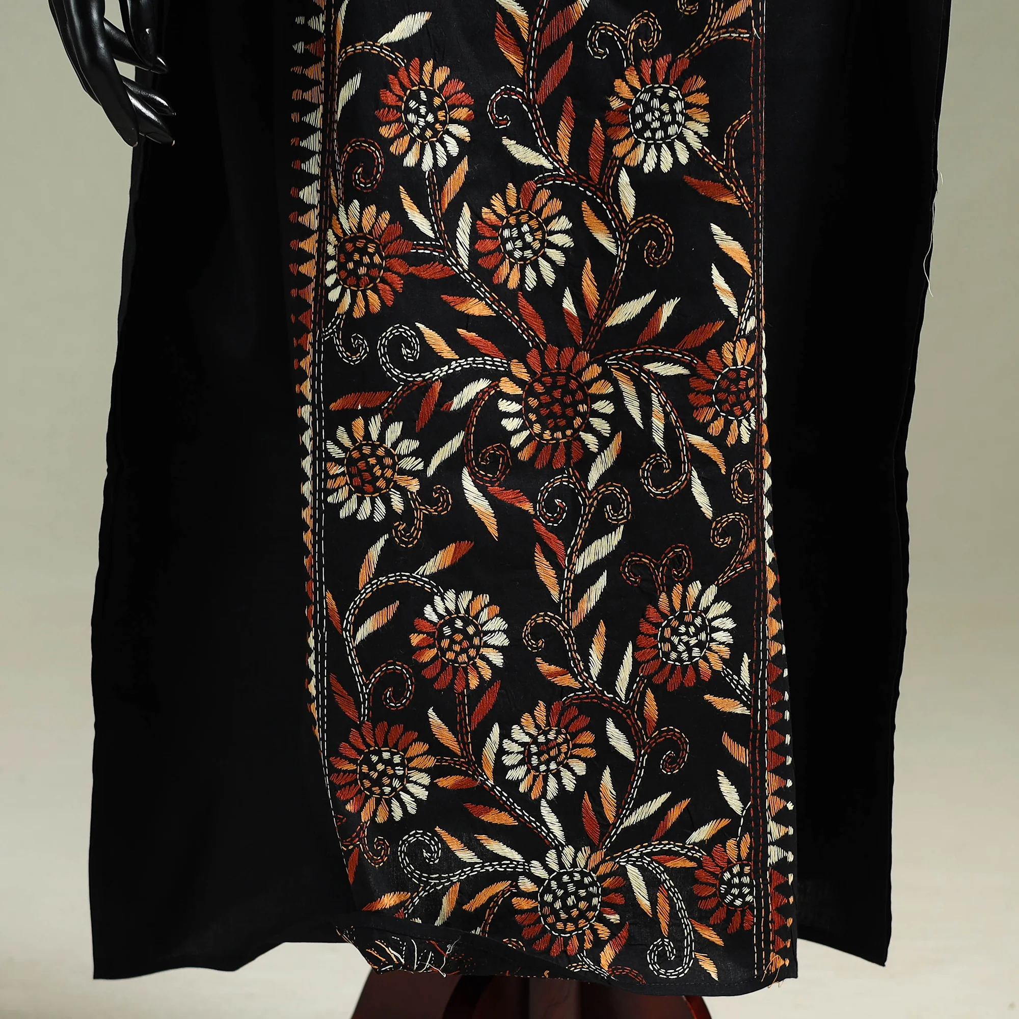 Black - Bengal Kantha Hand Embroidery Cotton Long Kaftan 33 - Image 4