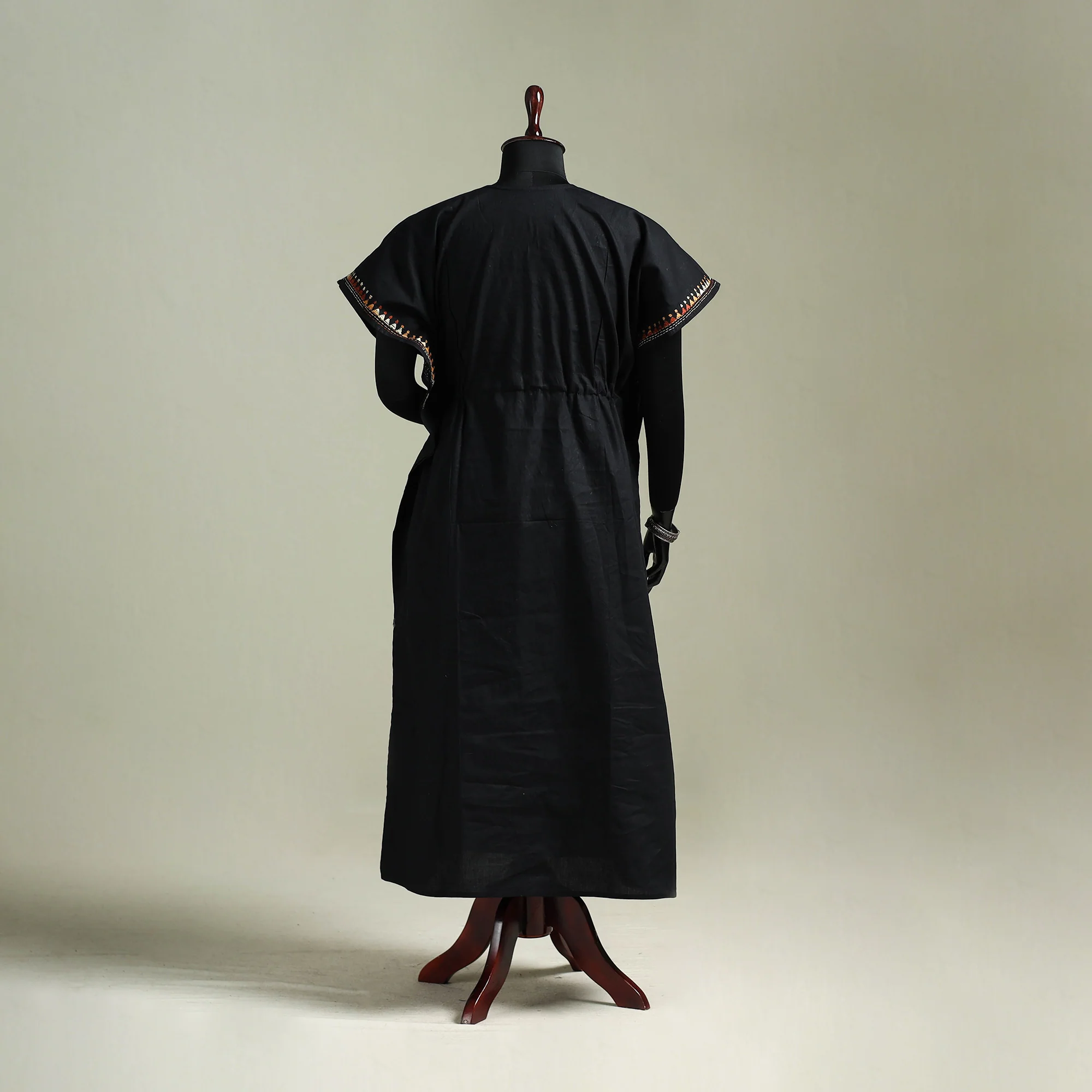 Black - Bengal Kantha Hand Embroidery Cotton Long Kaftan 33 - Image 5