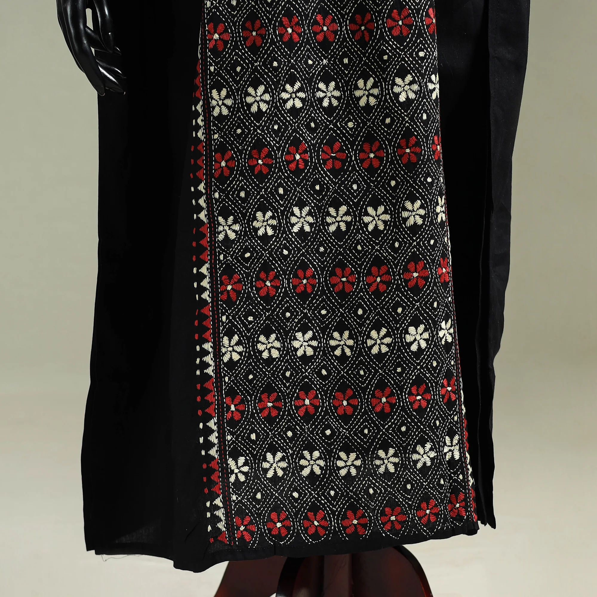 Black - Bengal Kantha Hand Embroidery Cotton Long Kaftan 41 - Image 4