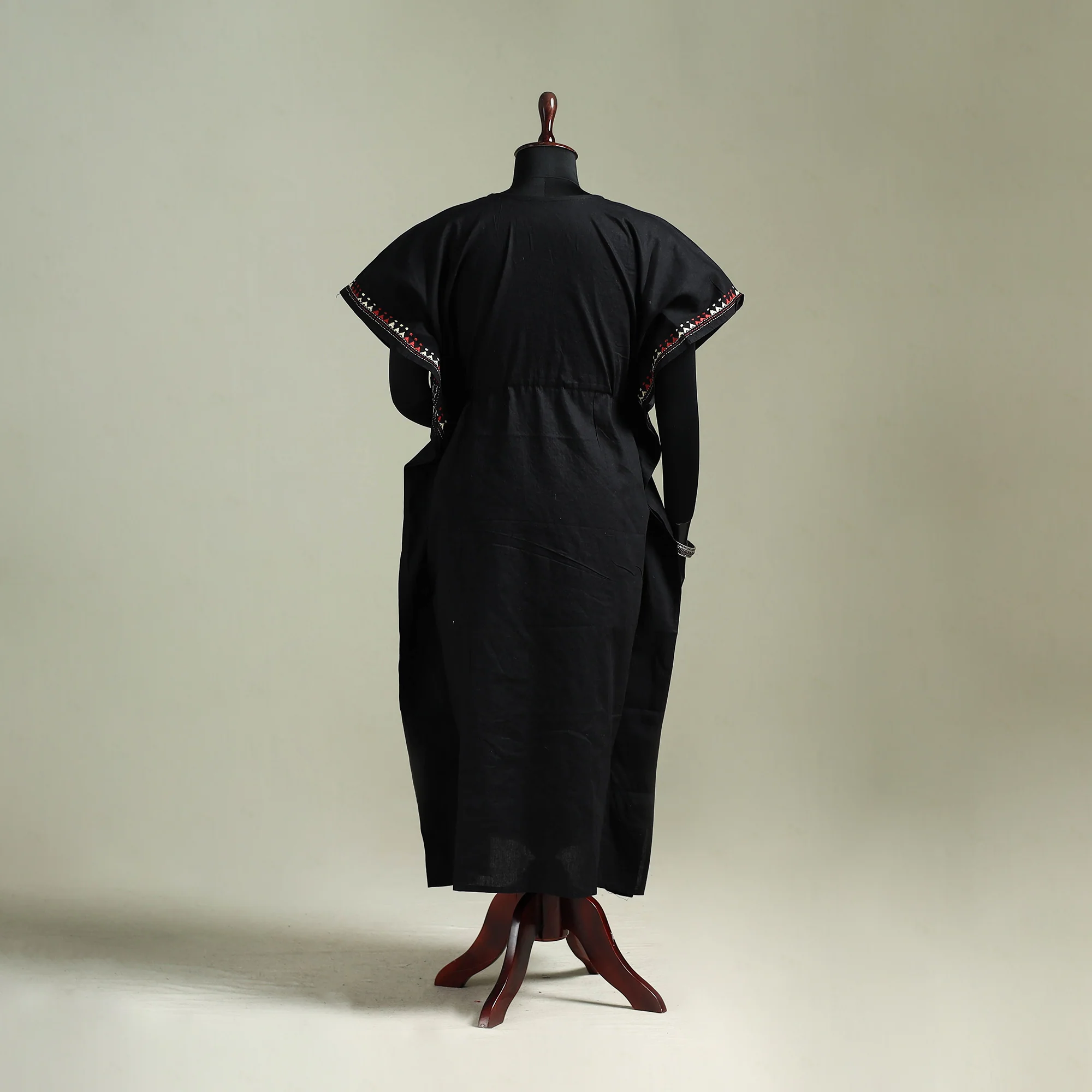 Black - Bengal Kantha Hand Embroidery Cotton Long Kaftan 41 - Image 5