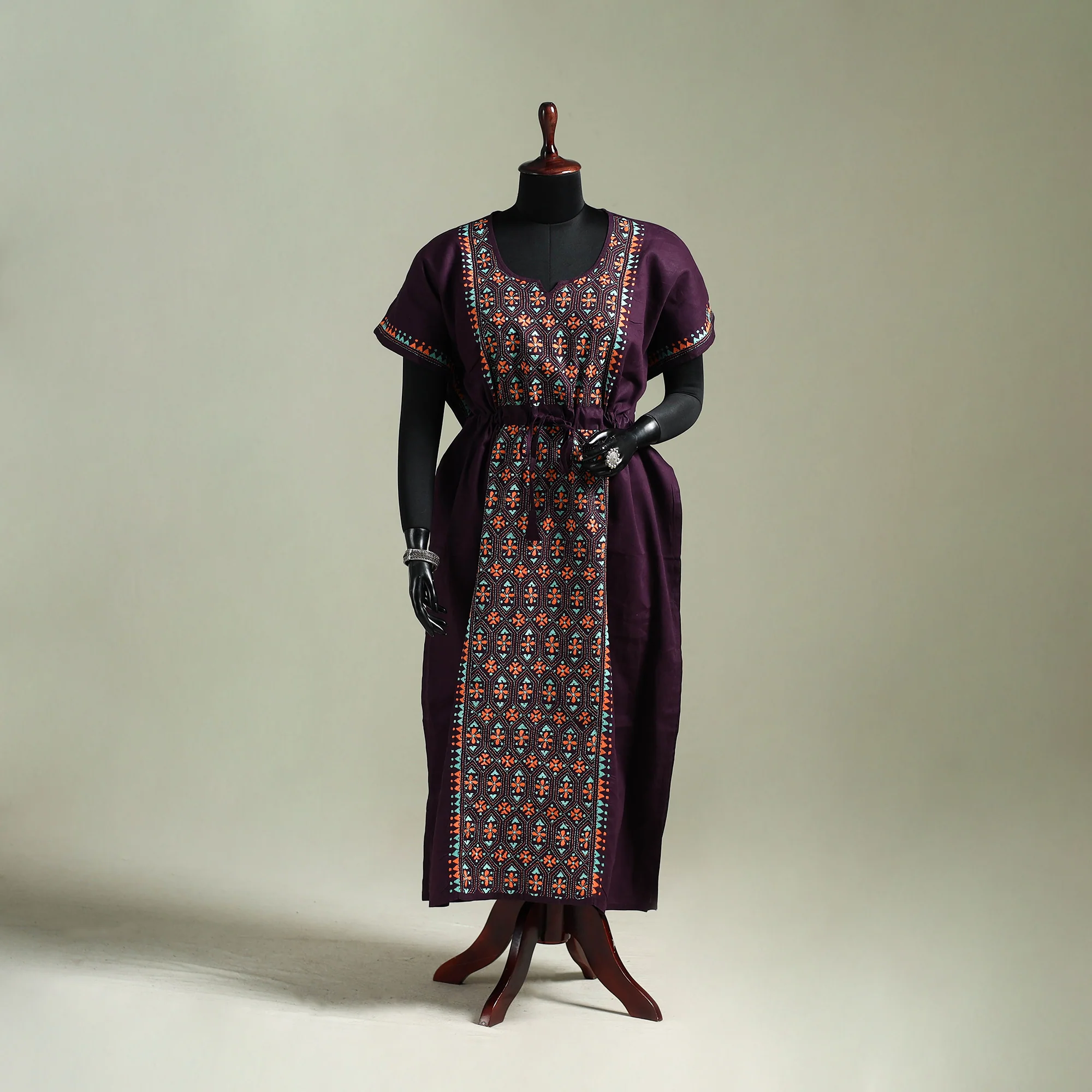 Purple - Bengal Kantha Hand Embroidery Cotton Long Kaftan 43