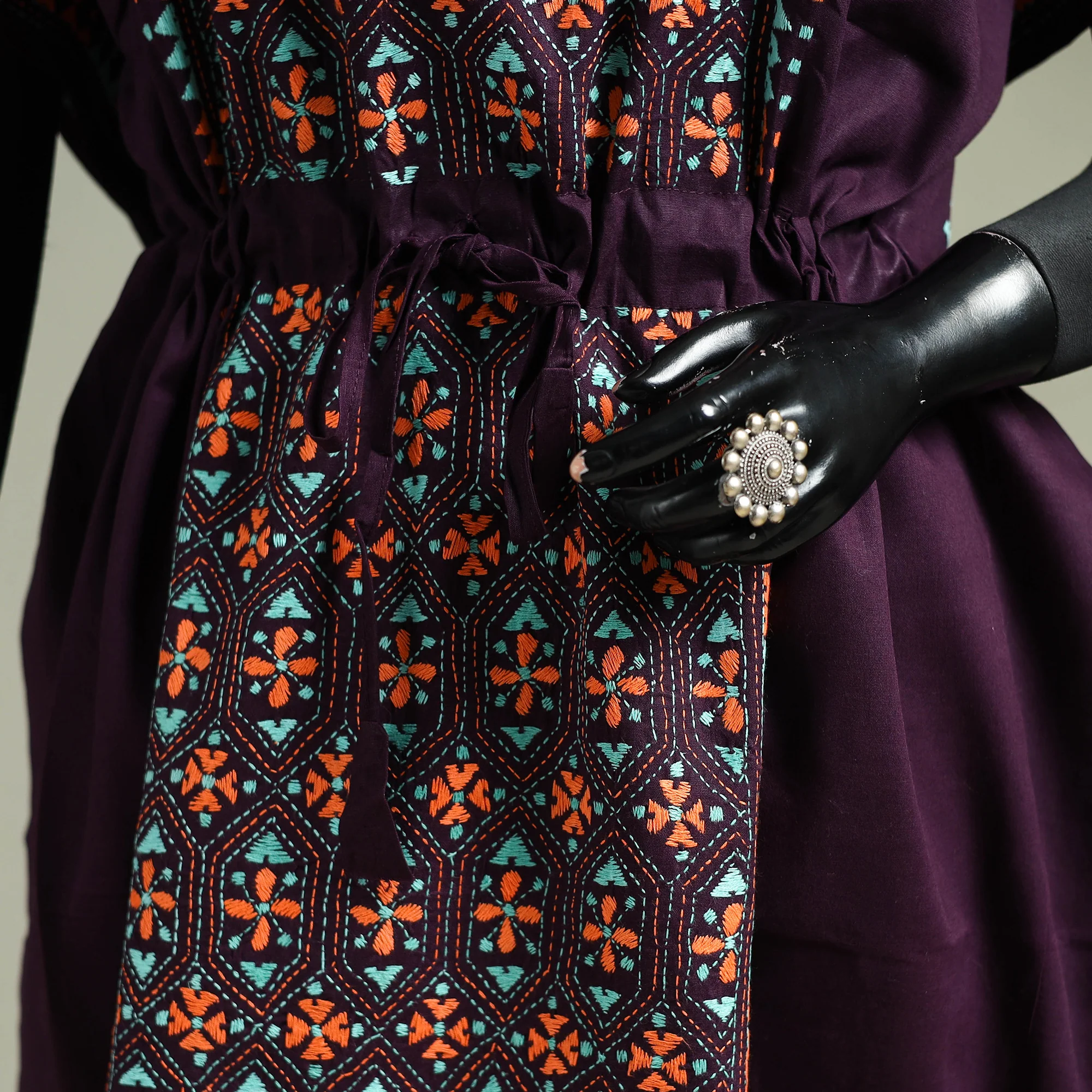 Purple - Bengal Kantha Hand Embroidery Cotton Long Kaftan 43 - Image 3
