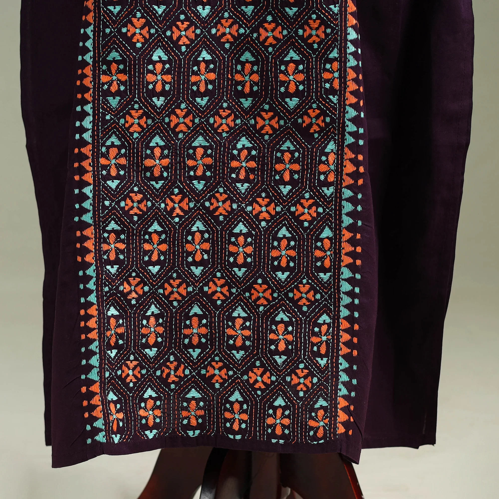 Purple - Bengal Kantha Hand Embroidery Cotton Long Kaftan 43 - Image 4