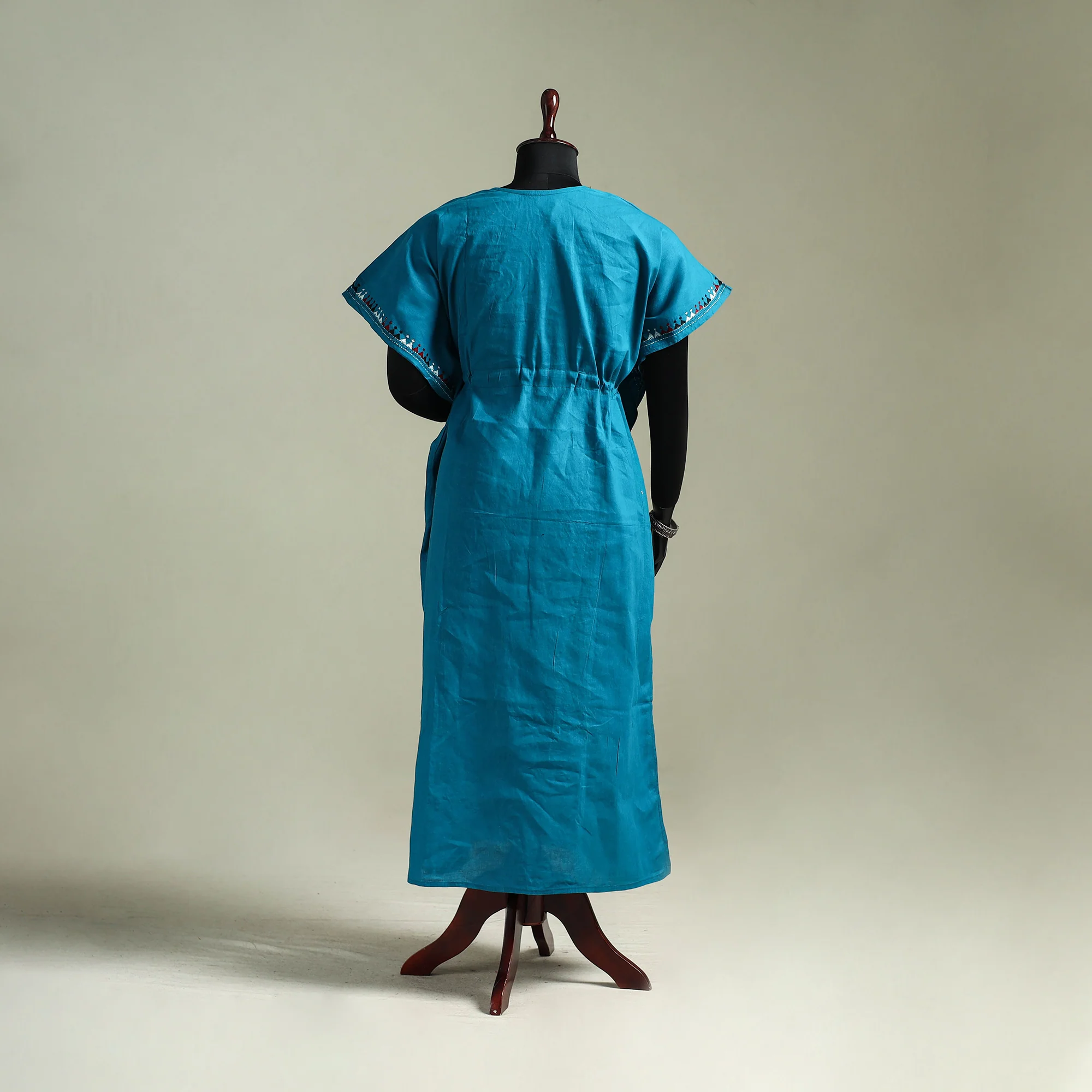 Blue - Bengal Kantha Hand Embroidery Cotton Long Kaftan 48 - Image 5