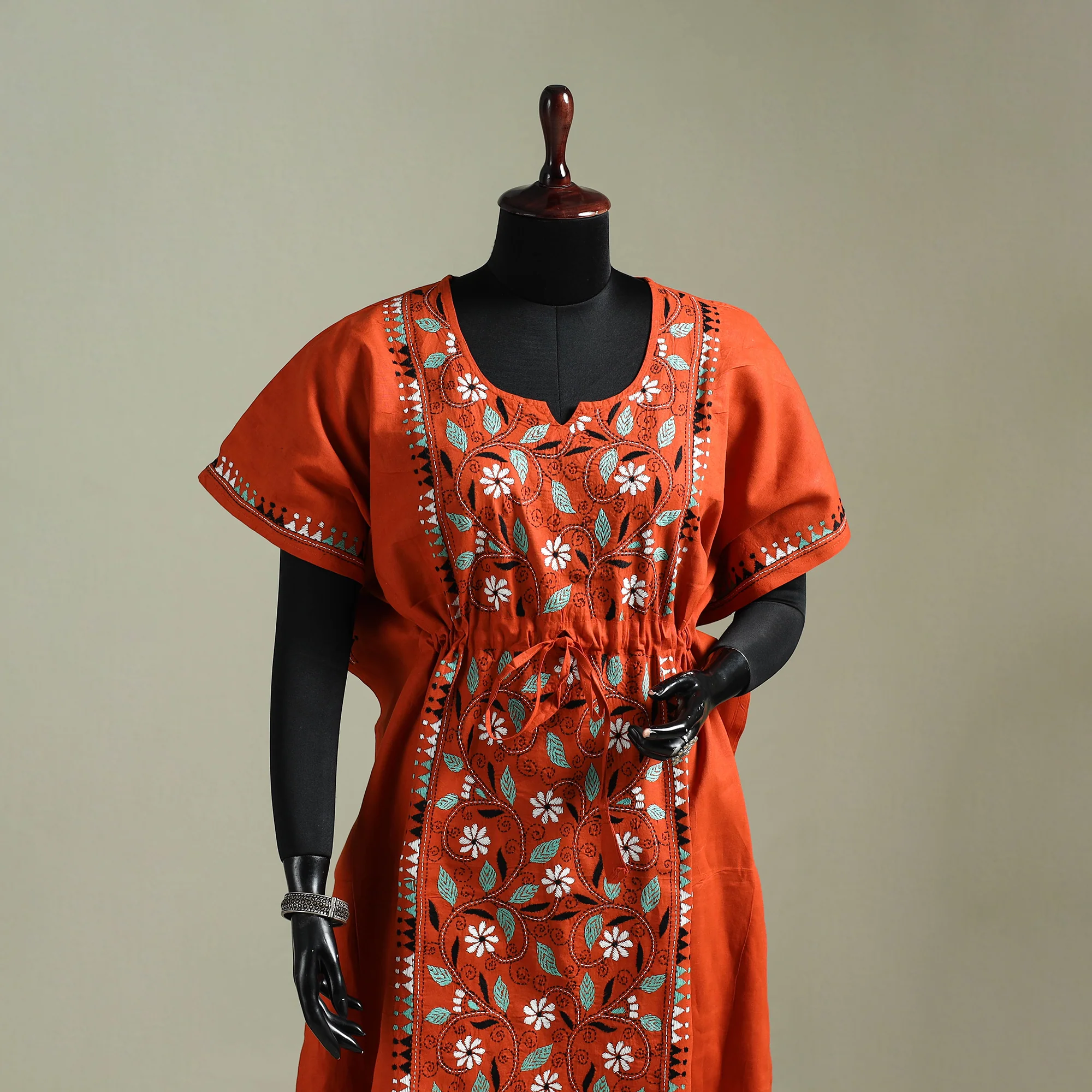 Orange - Bengal Kantha Hand Embroidery Cotton Long Kaftan 63 - Image 2