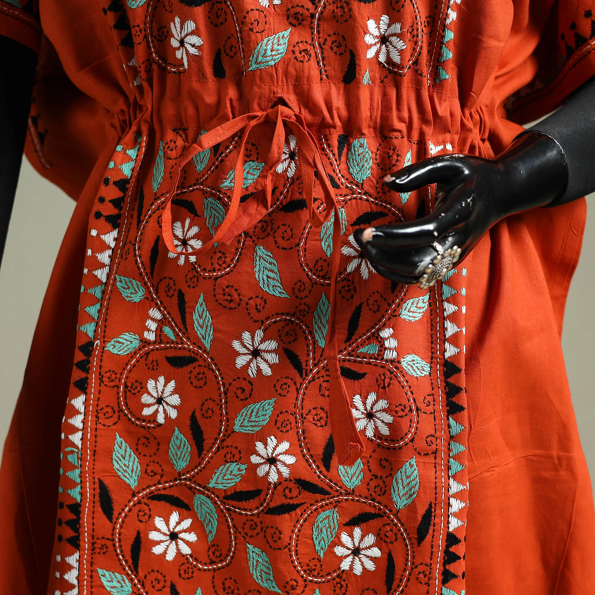 Orange - Bengal Kantha Hand Embroidery Cotton Long Kaftan 63 - Image 3