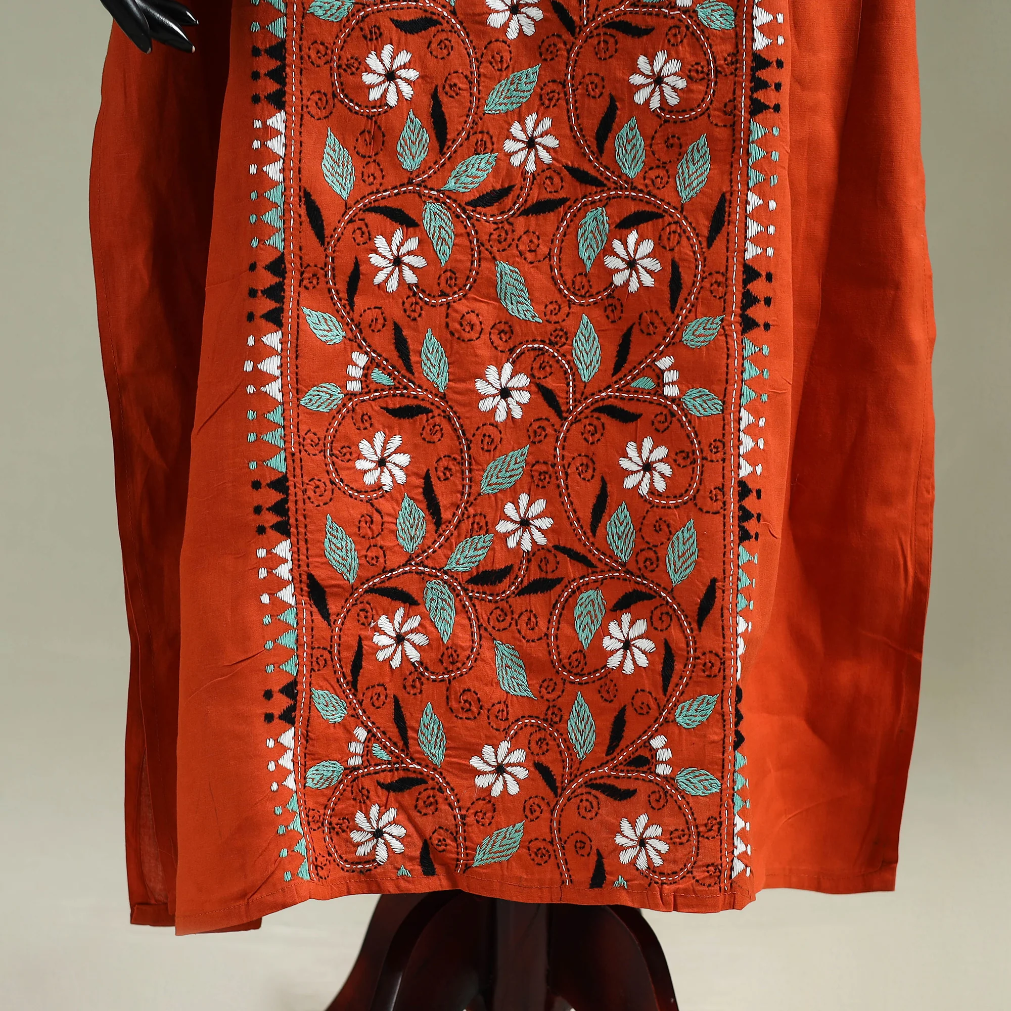 Orange - Bengal Kantha Hand Embroidery Cotton Long Kaftan 63 - Image 4