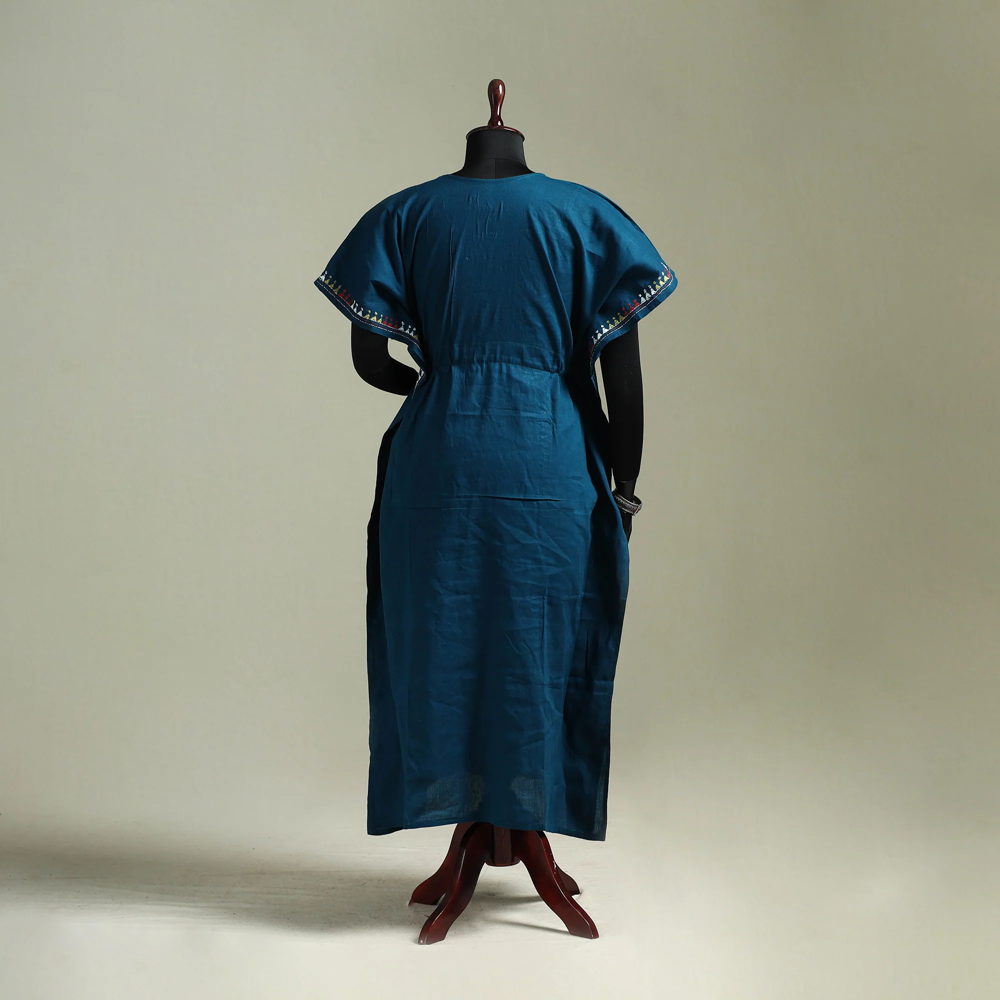 Blue - Bengal Kantha Hand Embroidery Cotton Long Kaftan 64 - Image 5