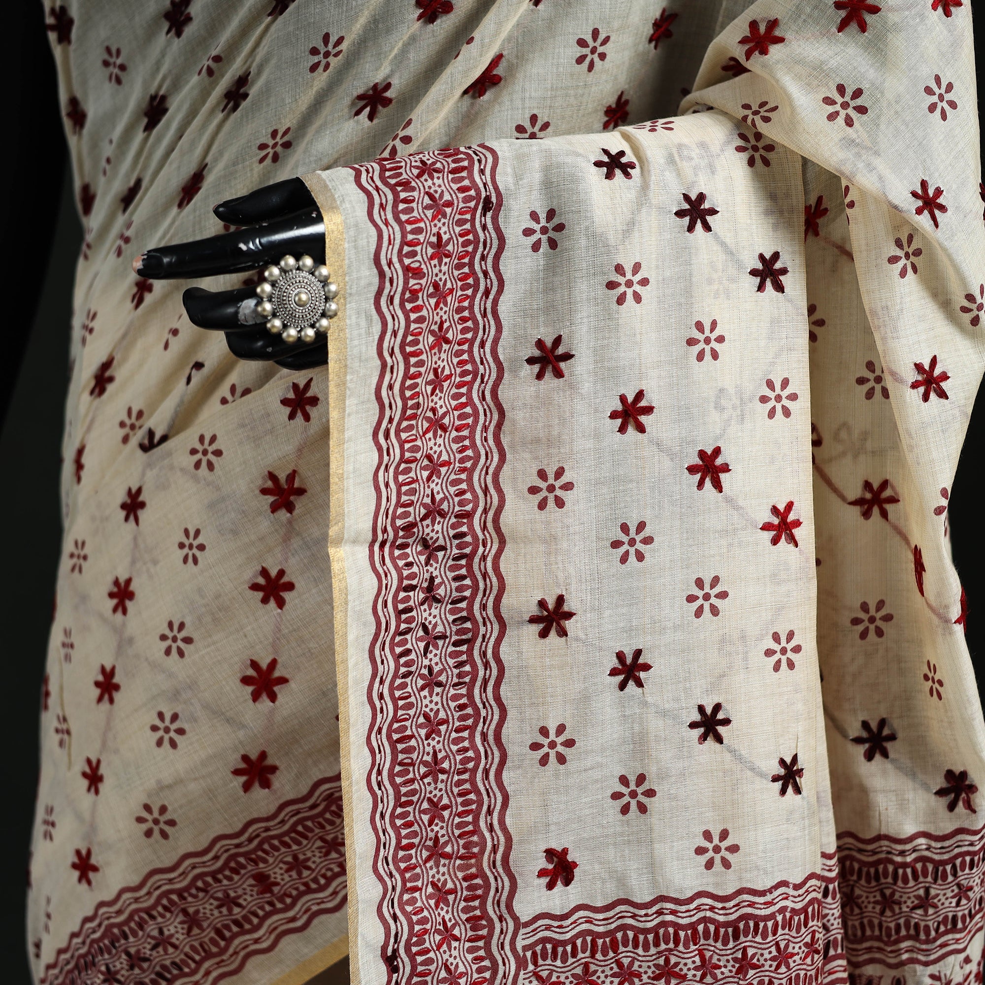 White - Bengal Kantha Hand Embroidery Silk Cotton Chapa Work Saree 03 - Image 3
