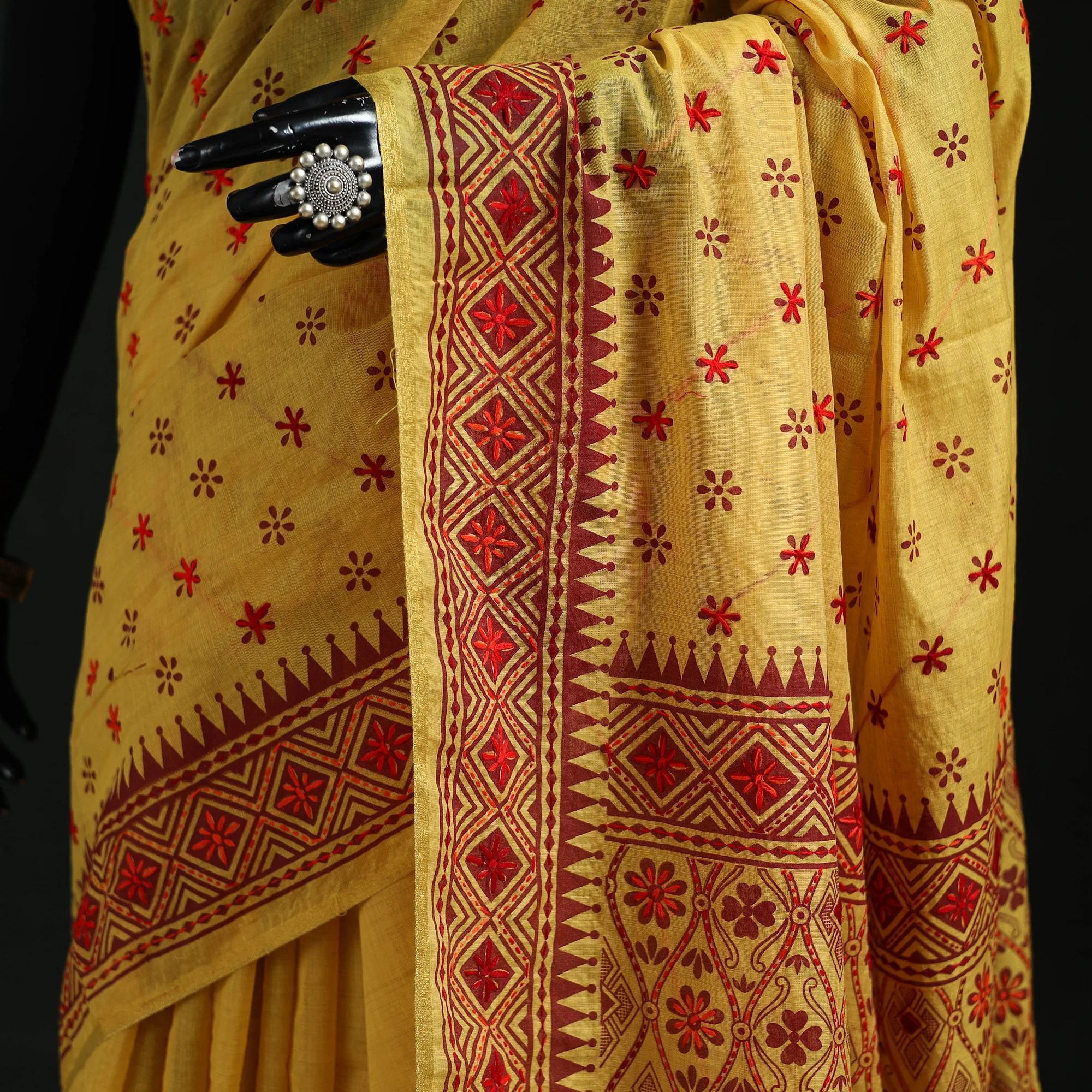 Yellow - Bengal Kantha Hand Embroidery Silk Cotton Chapa Work Saree 05 - Image 3