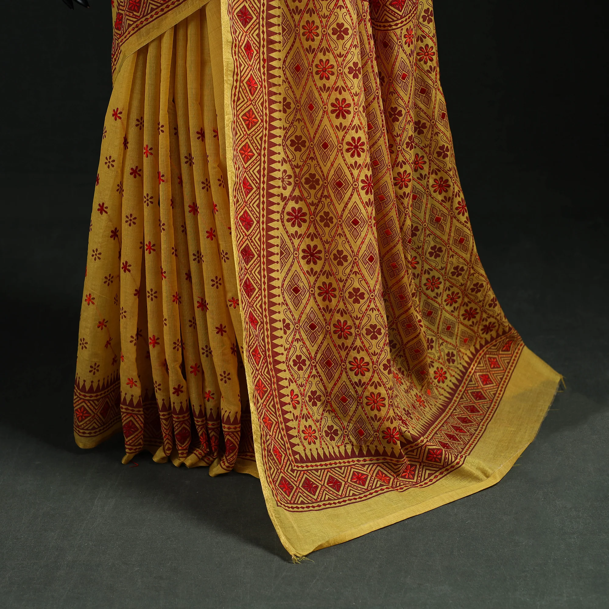 Yellow - Bengal Kantha Hand Embroidery Silk Cotton Chapa Work Saree 05 - Image 4