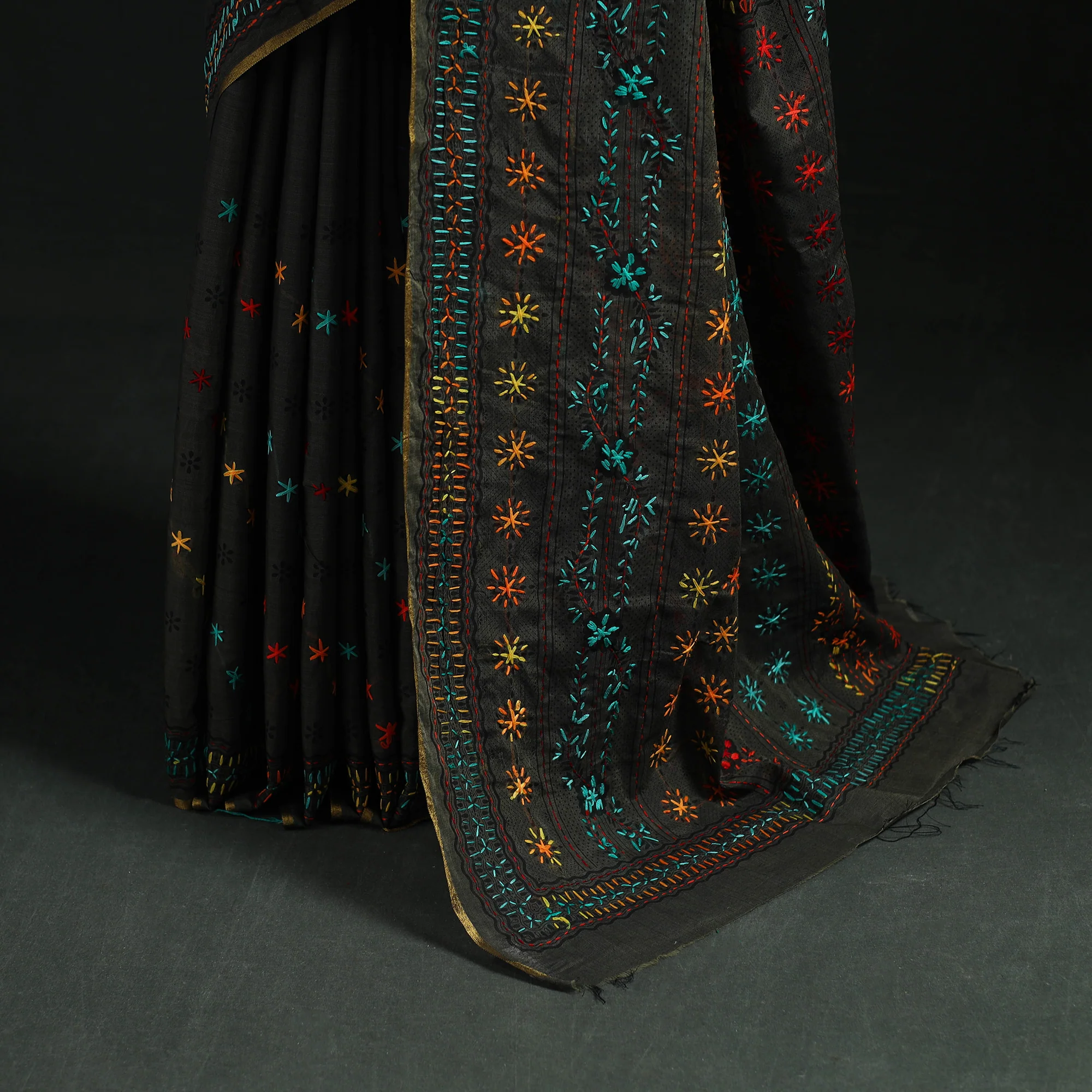Black - Bengal Kantha Hand Embroidery Silk Cotton Chapa Work Saree 43 - Image 4
