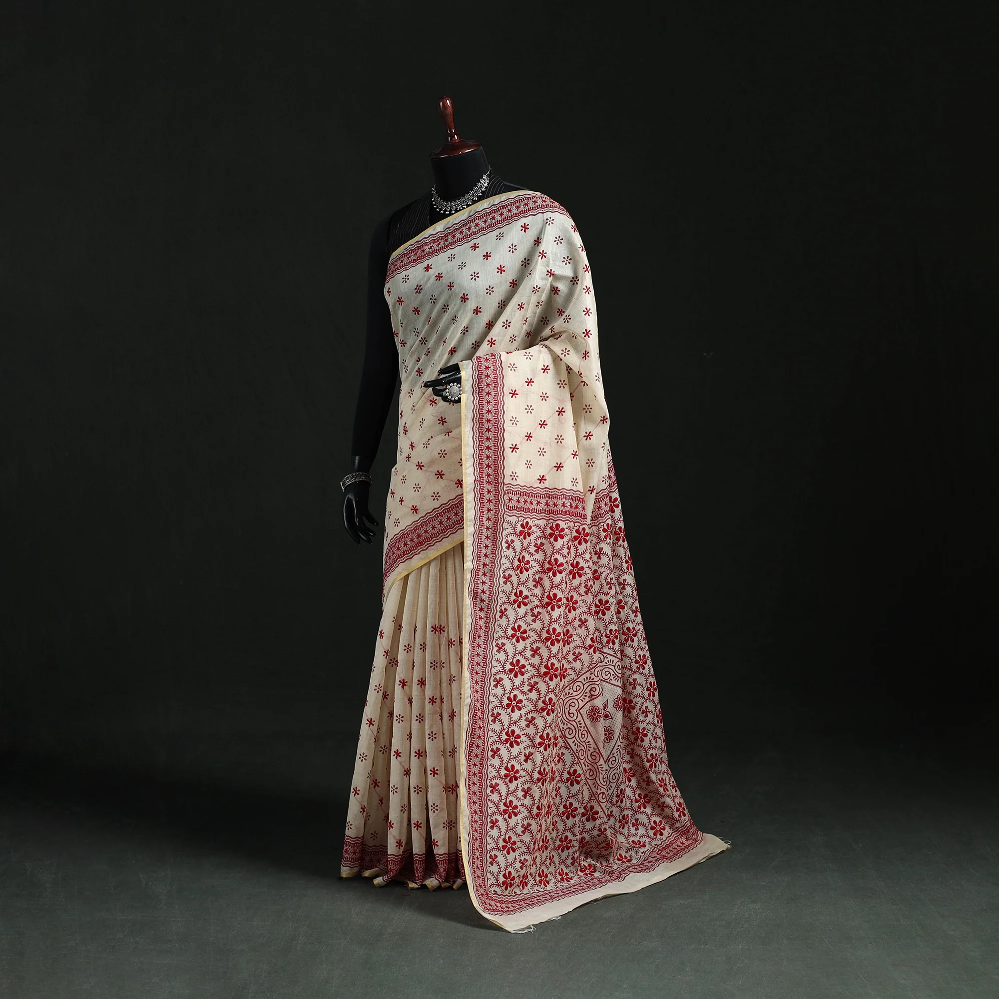 White - Bengal Kantha Hand Embroidery Silk Cotton Chapa Work Saree 48