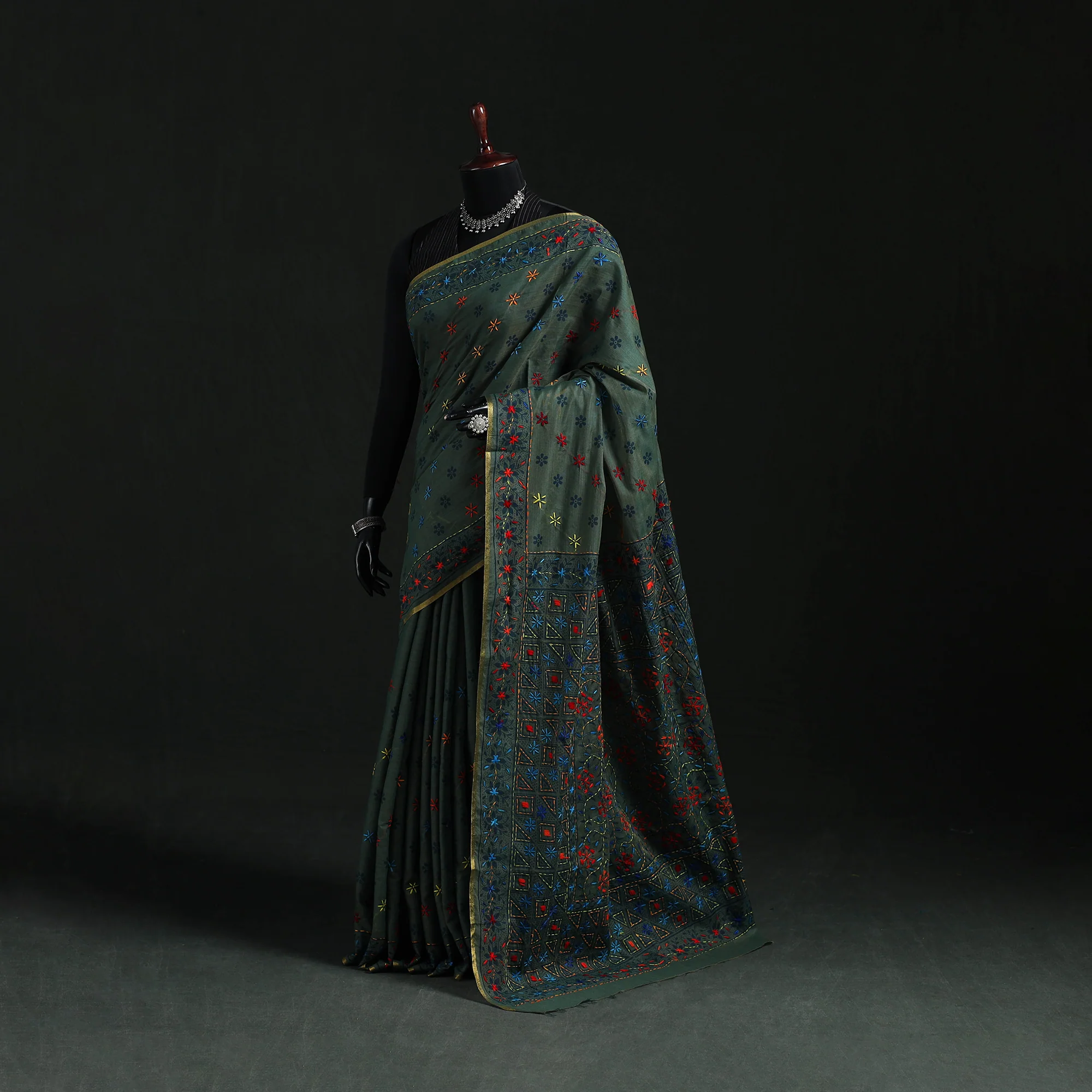 Black - Bengal Kantha Hand Embroidery Silk Cotton Chapa Work Saree 49