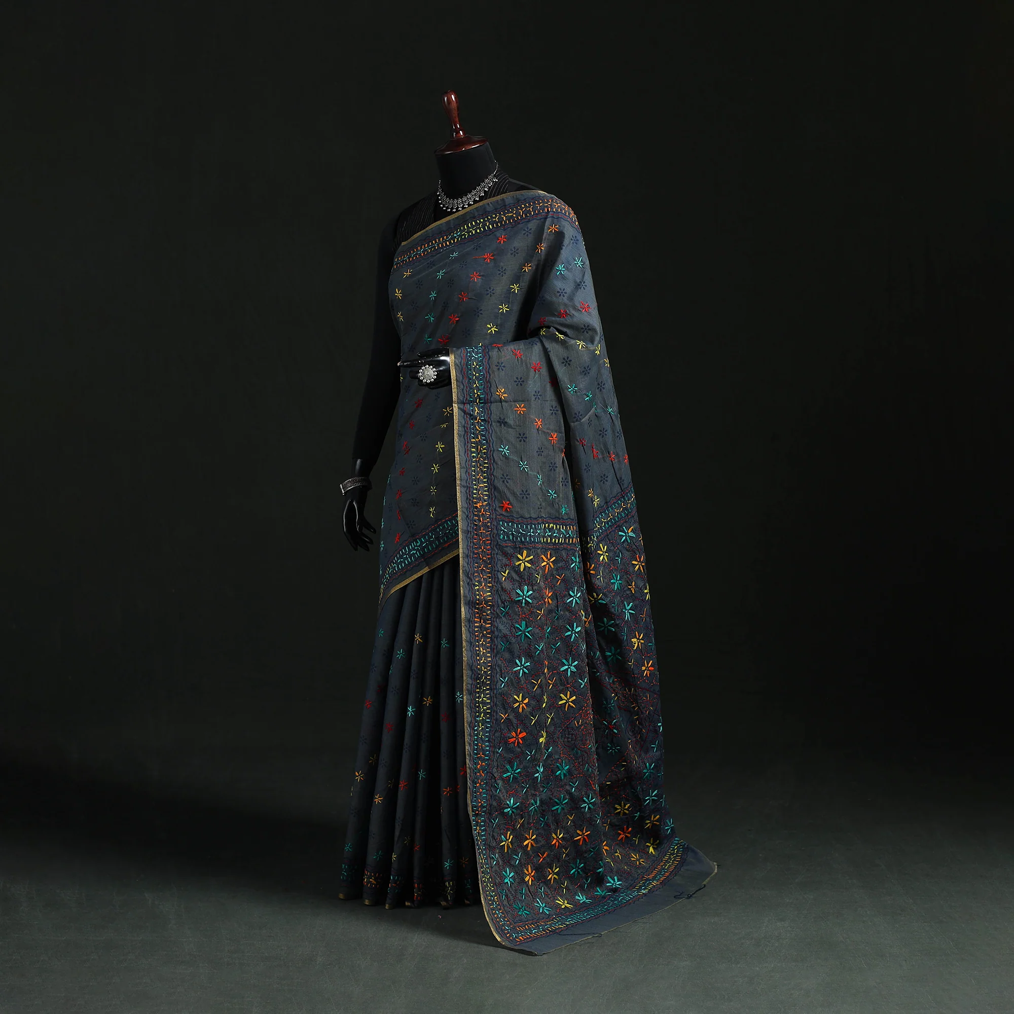 Black - Bengal Kantha Hand Embroidery Silk Cotton Chapa Work Saree 55
