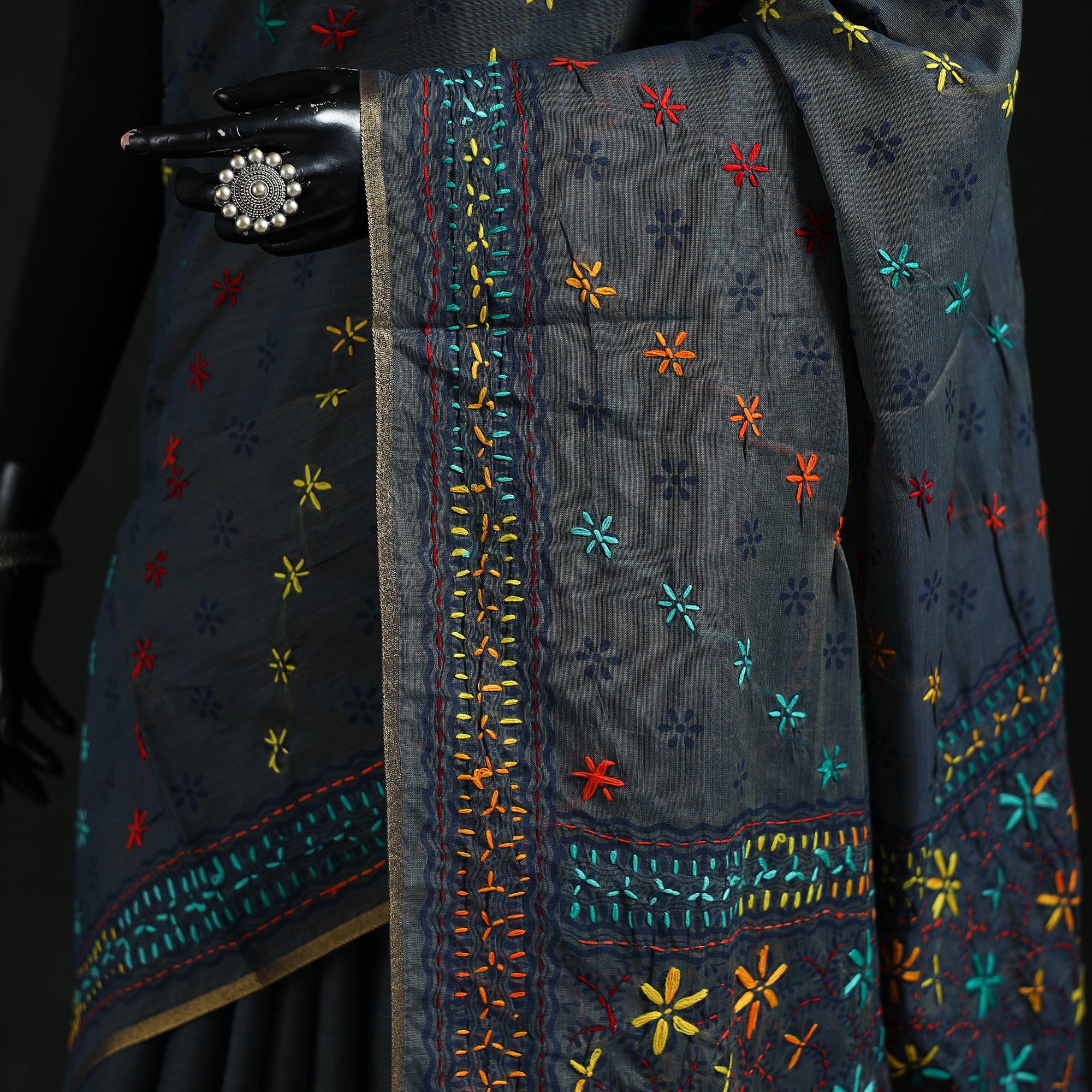 Black - Bengal Kantha Hand Embroidery Silk Cotton Chapa Work Saree 55 - Image 3