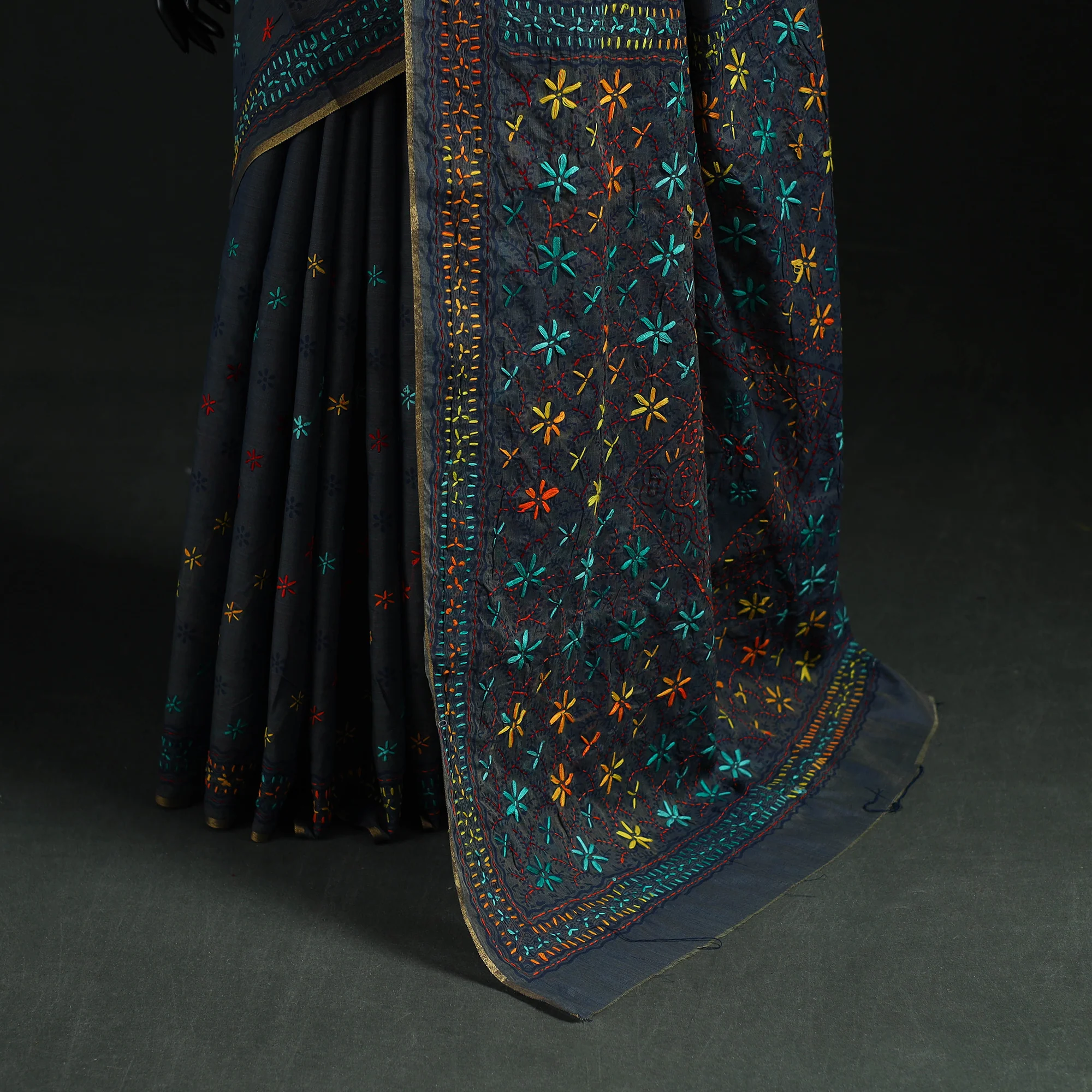 Black - Bengal Kantha Hand Embroidery Silk Cotton Chapa Work Saree 55 - Image 4