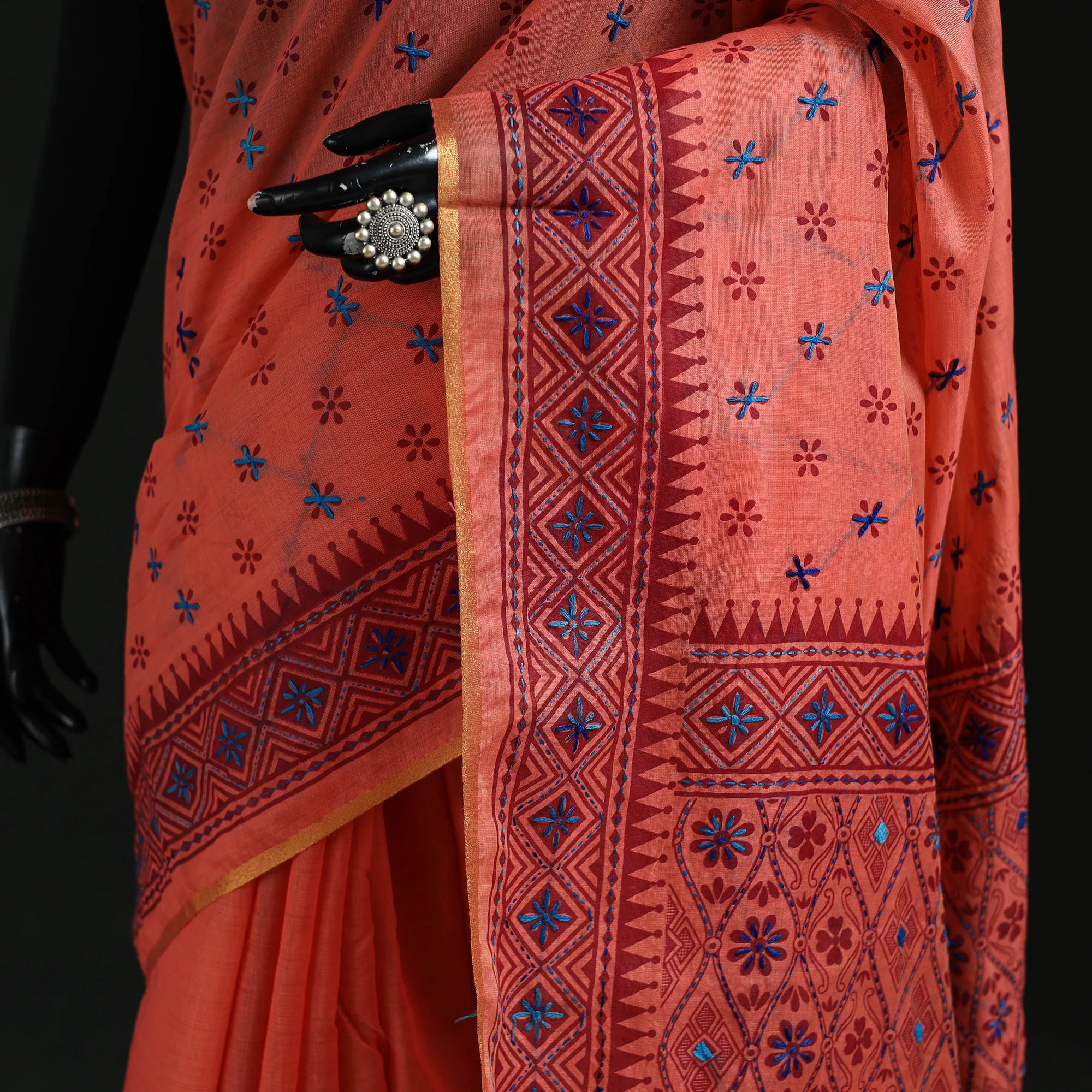 Peach - Bengal Kantha Hand Embroidery Silk Cotton Chapa Work Saree 60 - Image 3