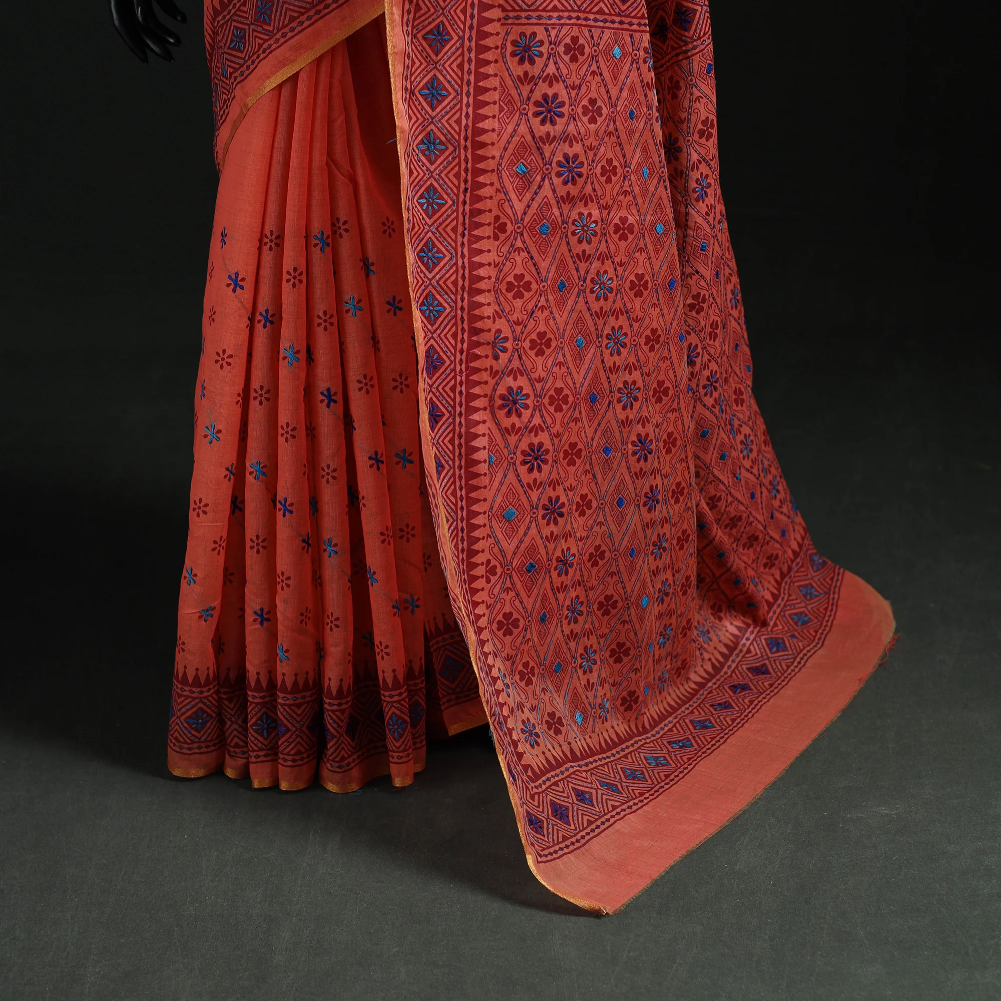 Peach - Bengal Kantha Hand Embroidery Silk Cotton Chapa Work Saree 60 - Image 4