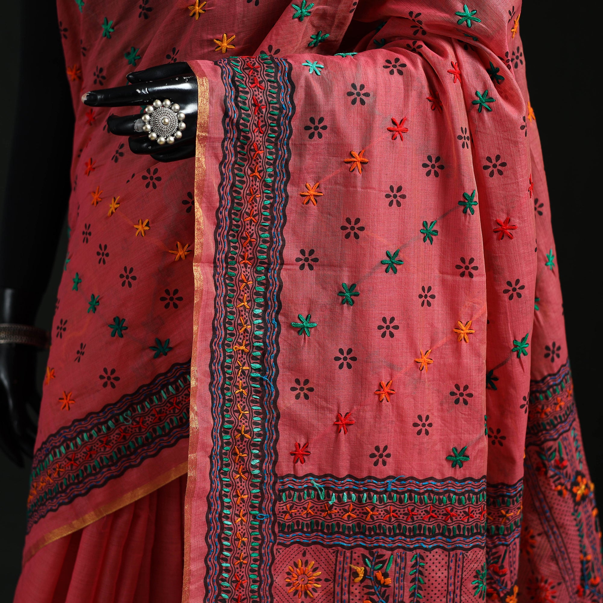 Bengal Kantha Hand Embroidery Silk Cotton Chapa Work Saree 61 - Image 3
