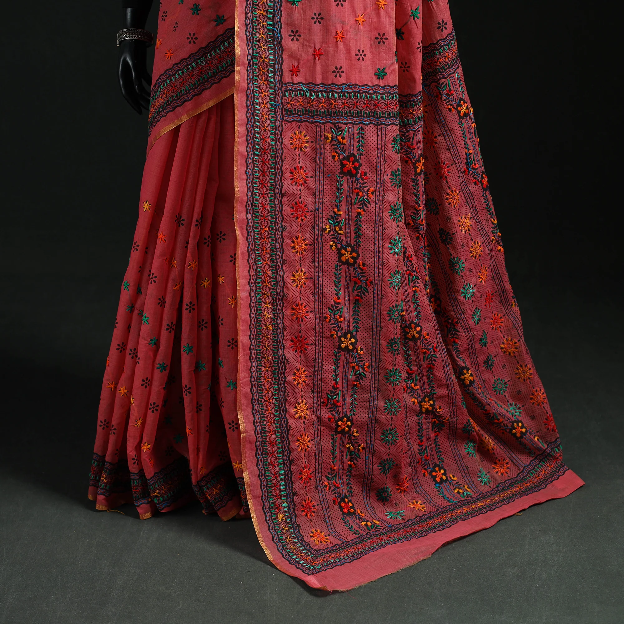 Bengal Kantha Hand Embroidery Silk Cotton Chapa Work Saree 61 - Image 4