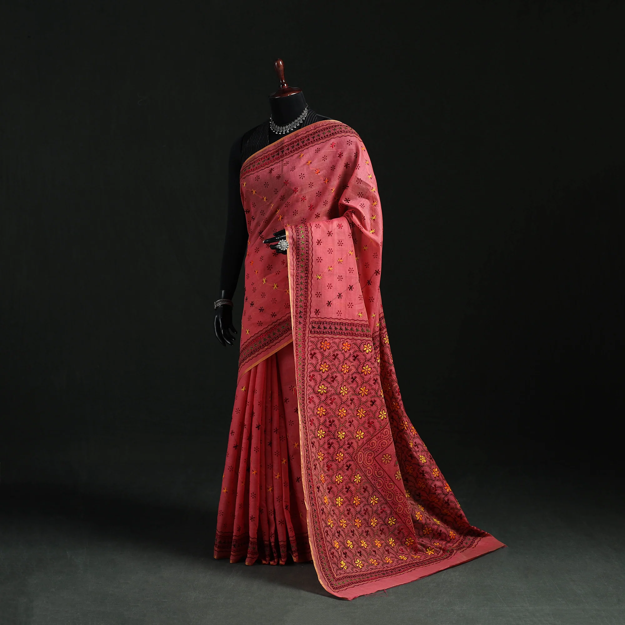 Pink - Bengal Kantha Hand Embroidery Silk Cotton Chapa Work Saree 65