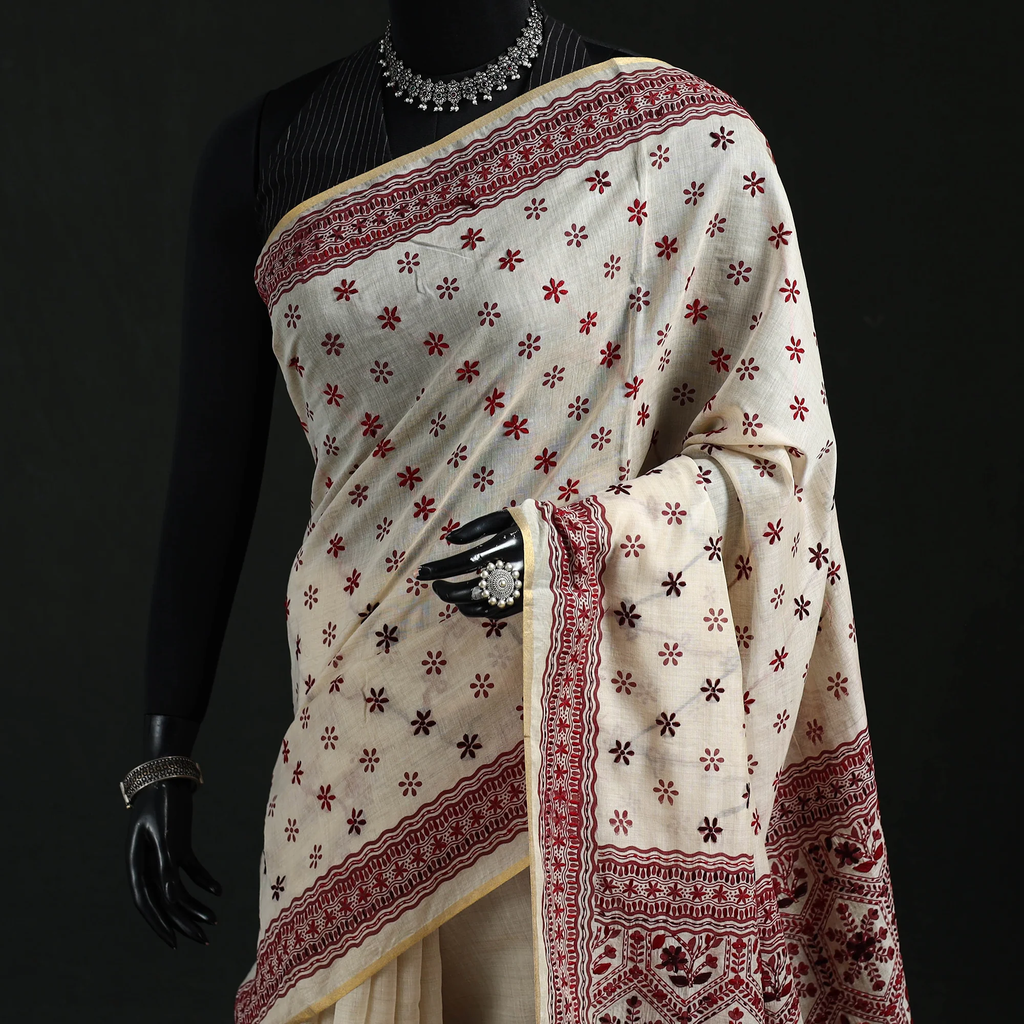 White - Bengal Kantha Hand Embroidery Silk Cotton Chapa Work Saree 74 - Image 2