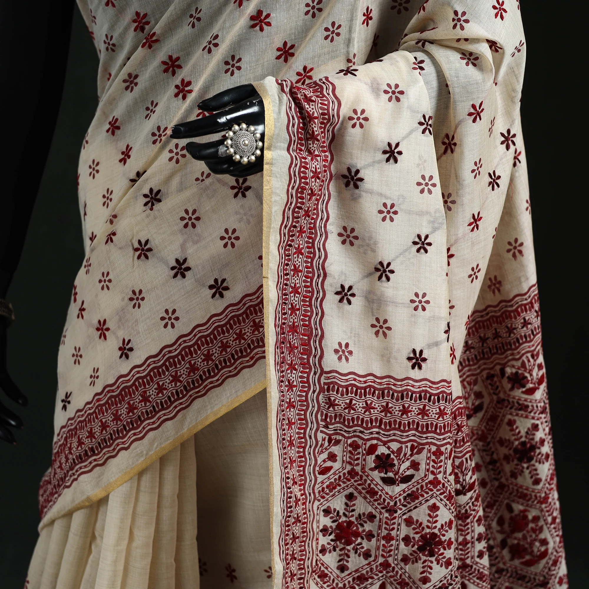 White - Bengal Kantha Hand Embroidery Silk Cotton Chapa Work Saree 74 - Image 3