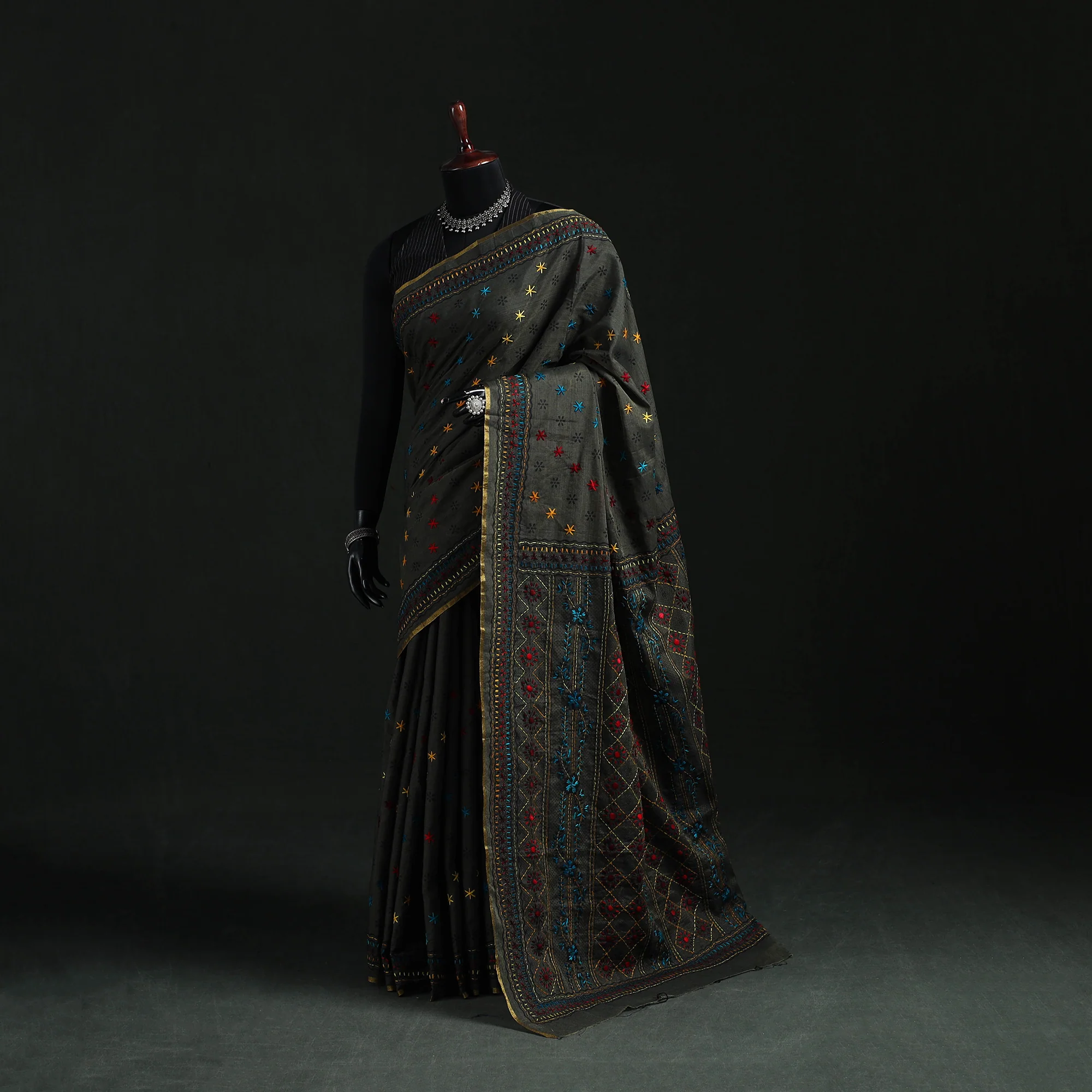 Black - Bengal Kantha Hand Embroidery Silk Cotton Chapa Work Saree 80