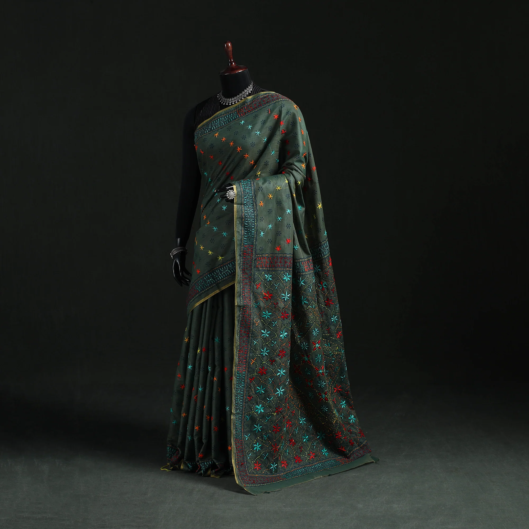 Green - Bengal Kantha Hand Embroidery Silk Cotton Chapa Work Saree 82