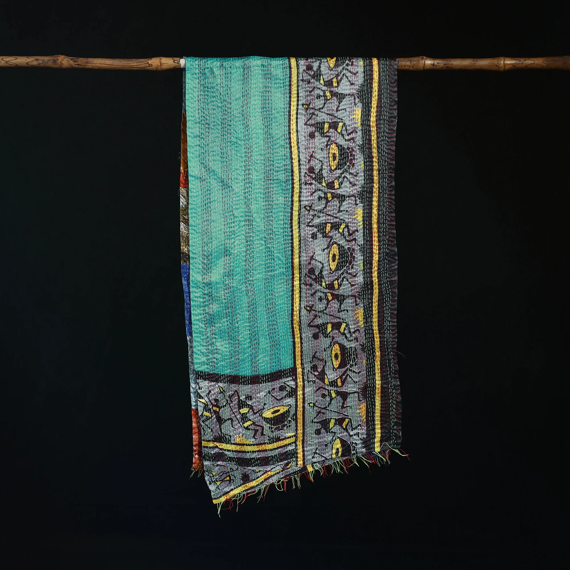 Bengal Kantha Handwork Patchwork Reversible Silk Stole 01 - Image 3