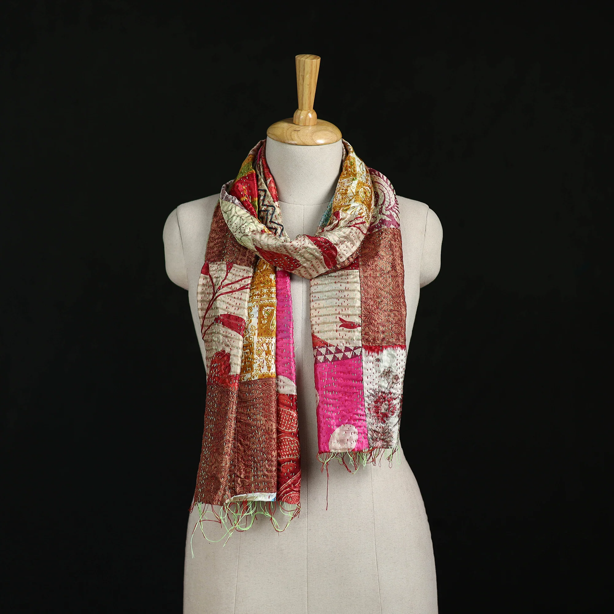 Bengal Kantha Handwork Patchwork Reversible Silk Stole 02