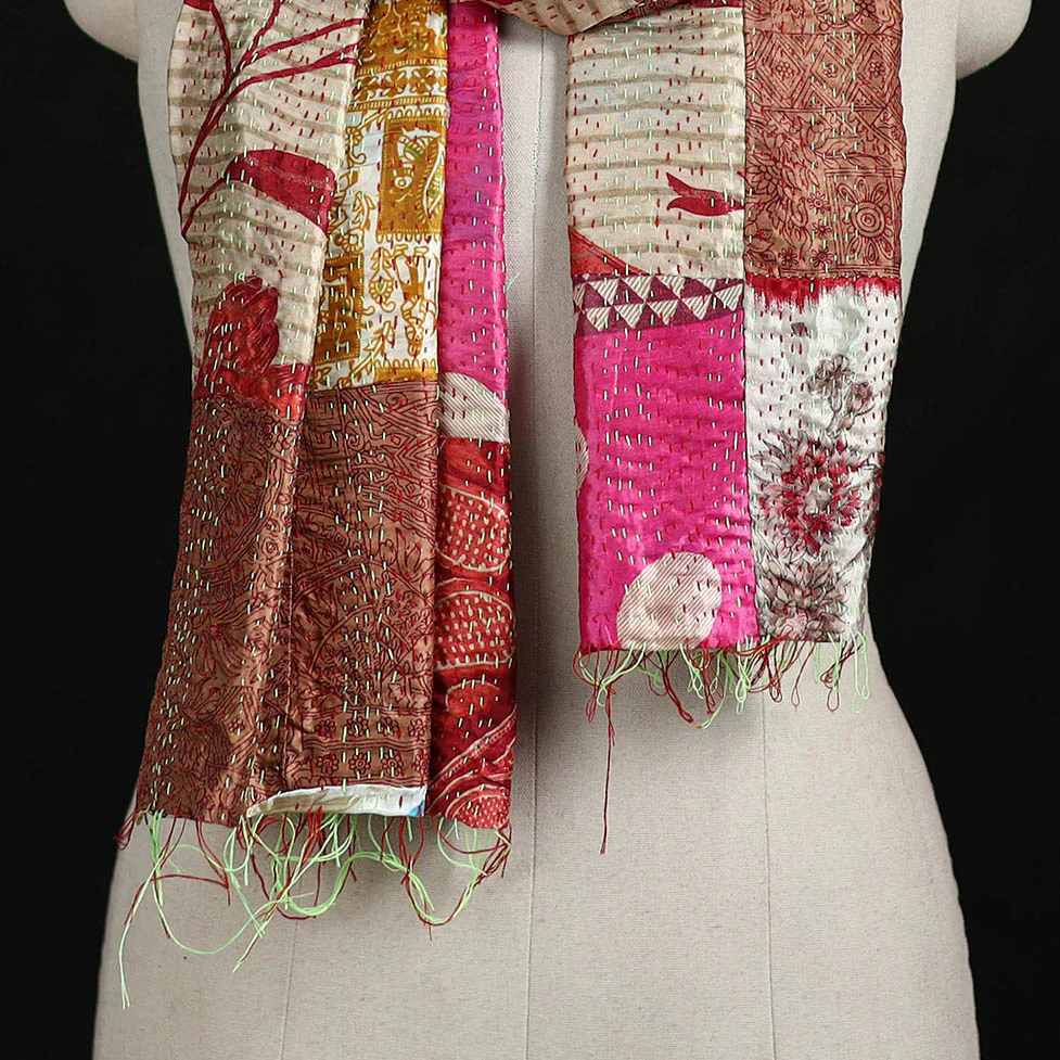 Bengal Kantha Handwork Patchwork Reversible Silk Stole 02 - Image 2